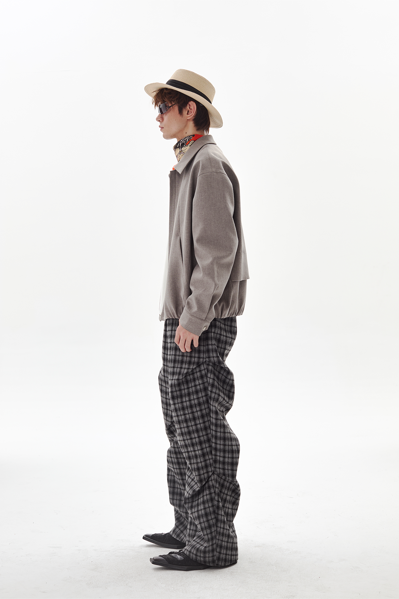 PASET Retro Plaid Folded Straight-Leg Trousers