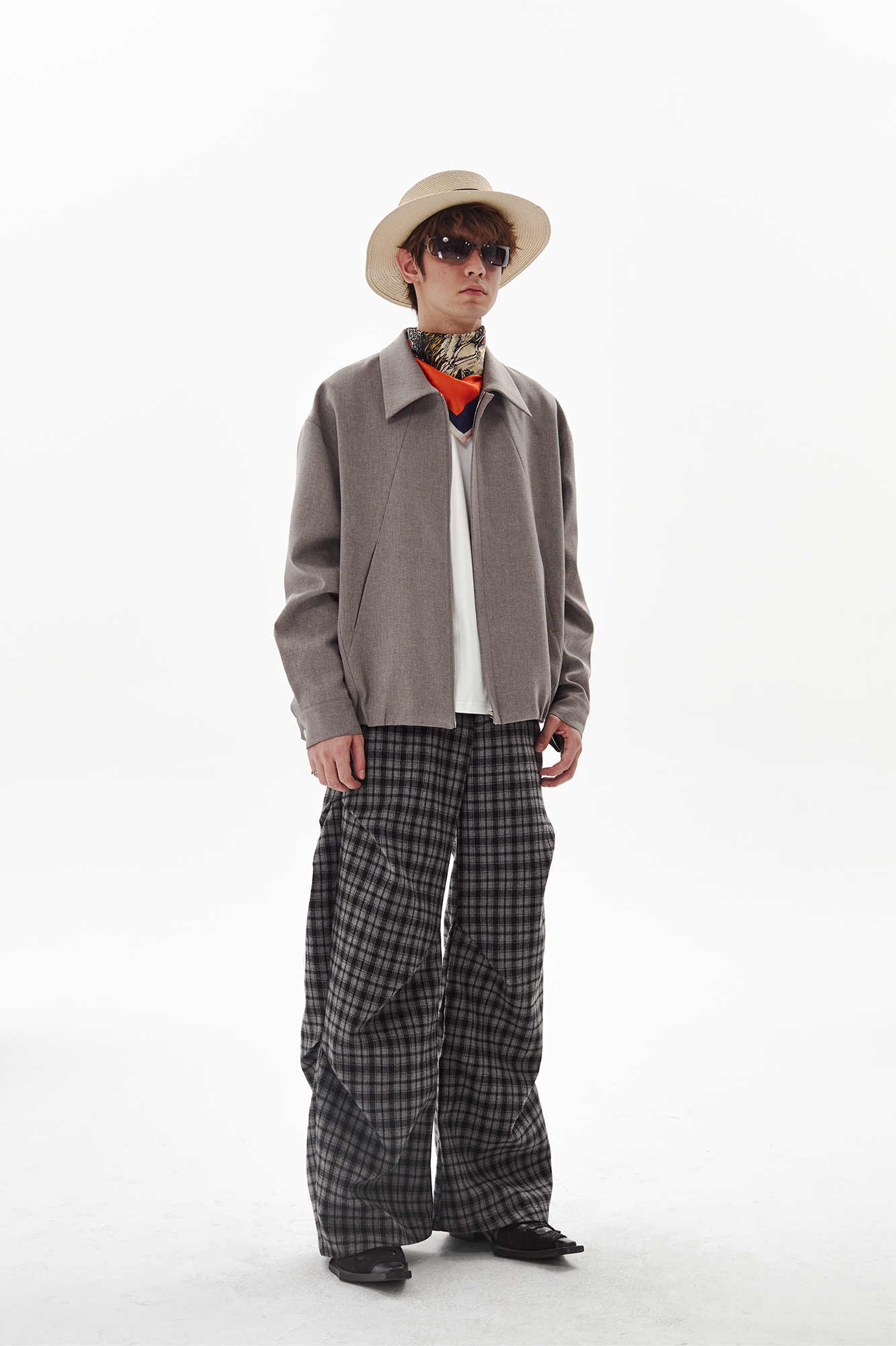 PASET Retro Plaid Folded Straight-Leg Trousers