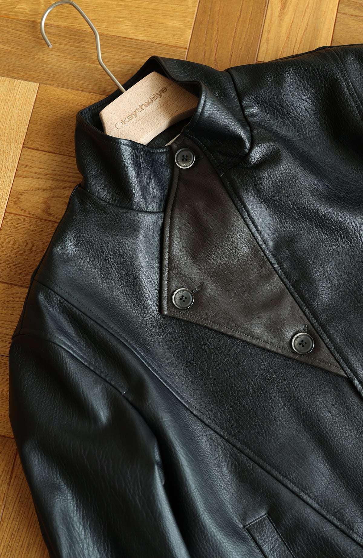 OKAYTHXBYE Faux Leather Spliced Asymmetric Placket Lapel Jacket