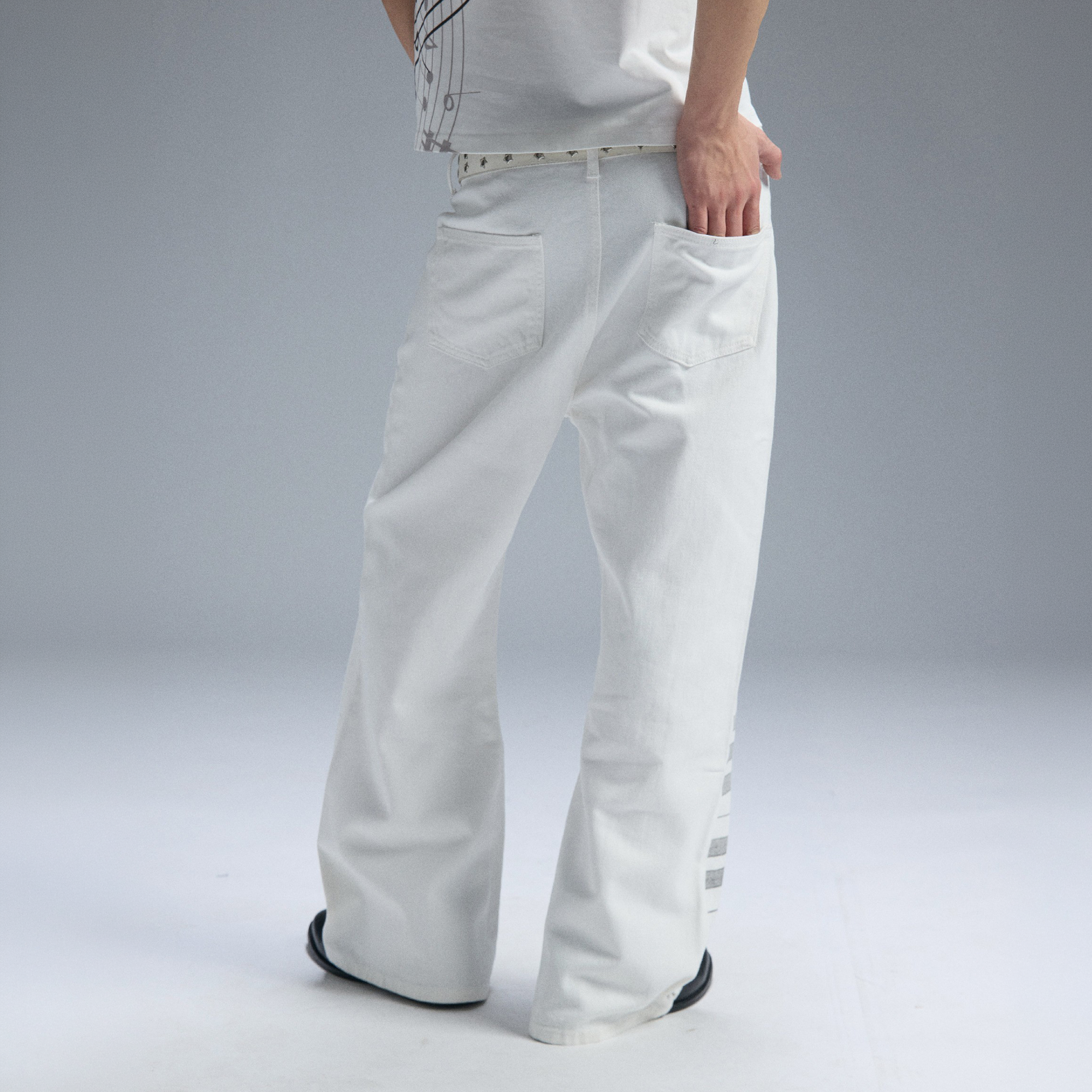 PAIKI Piano Key Script Foil Flared Jeans
