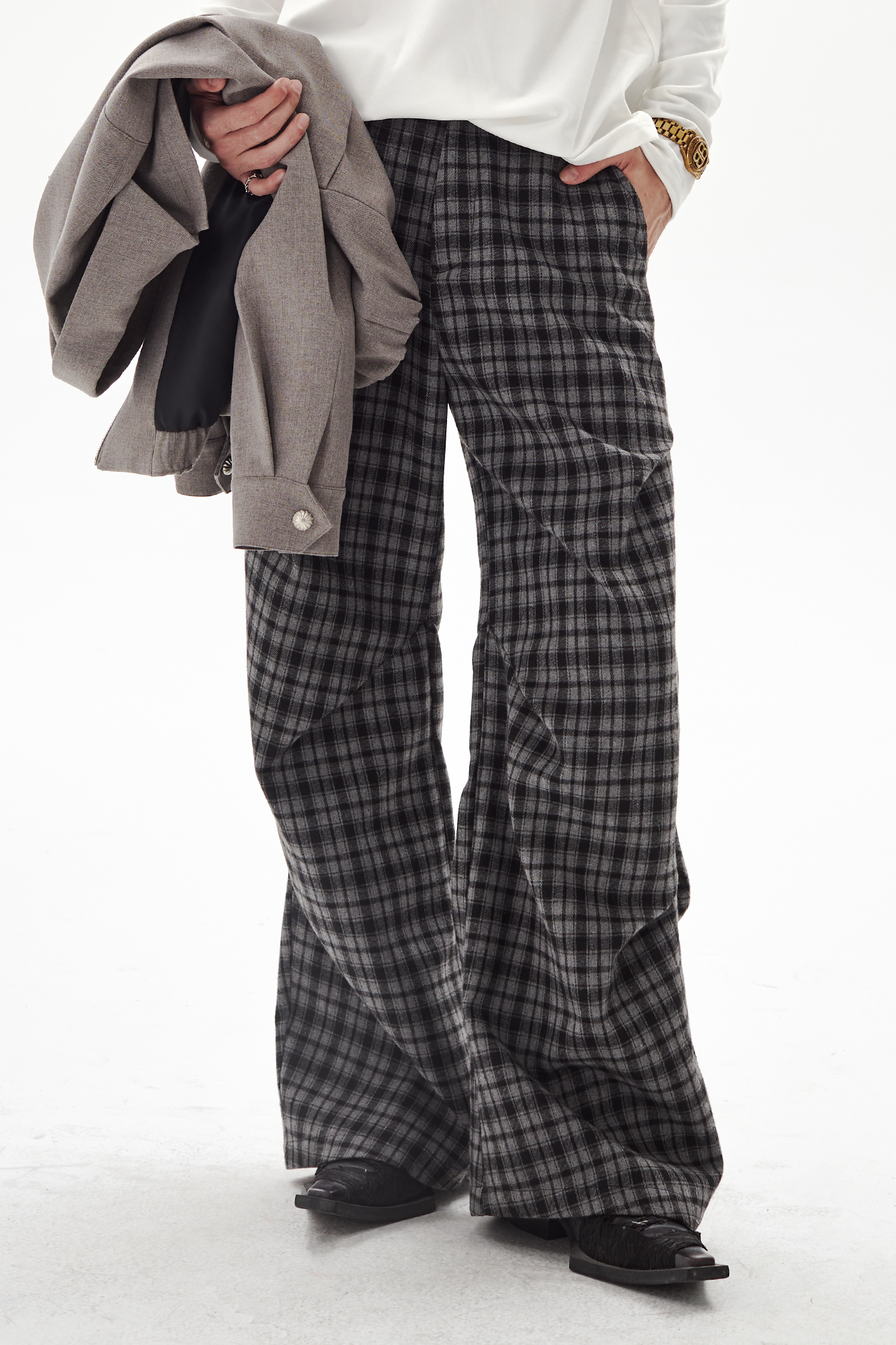 PASET Retro Plaid Folded Straight-Leg Trousers