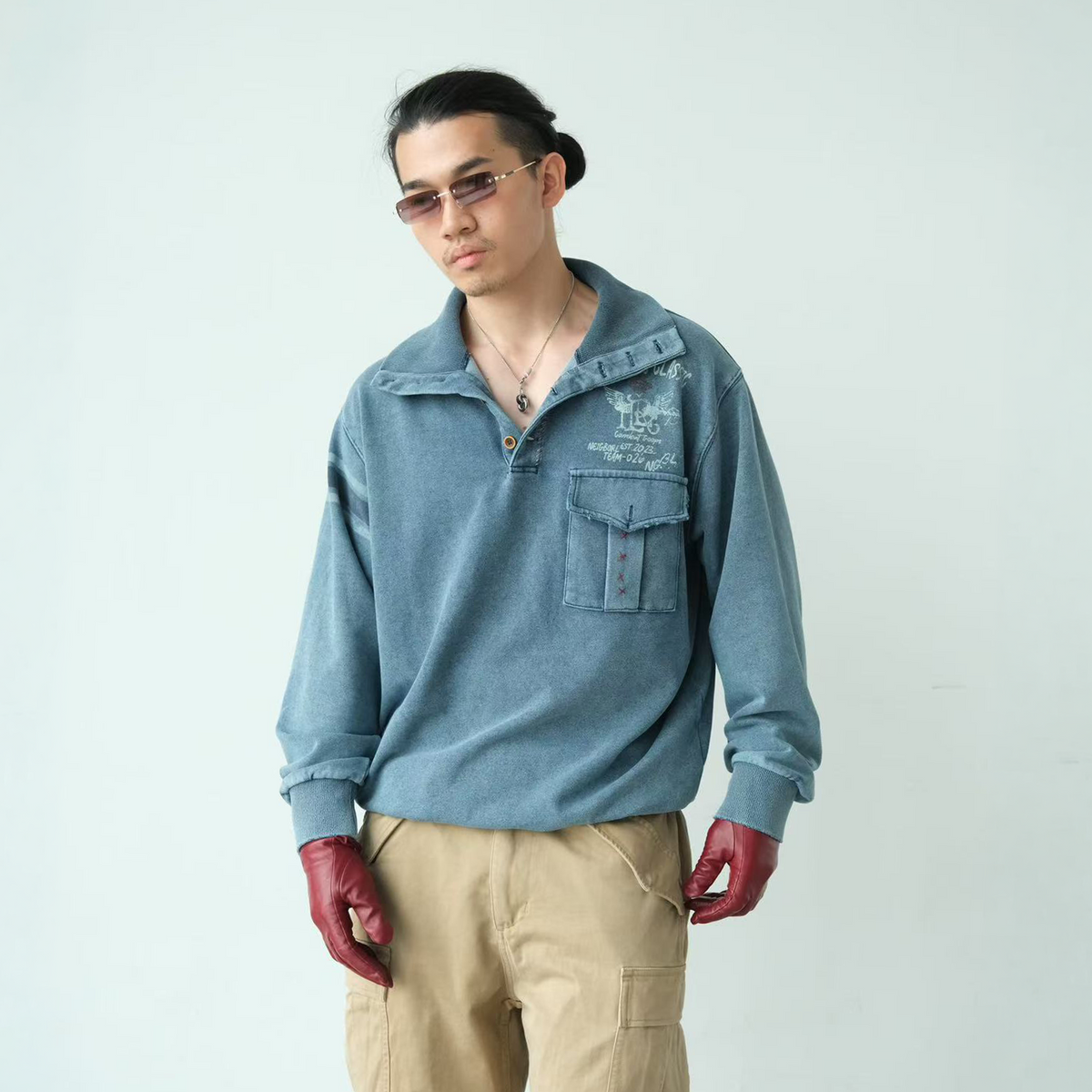NEIGBORL Retro Graphic Washed Stand-Collar Sweatshirt
