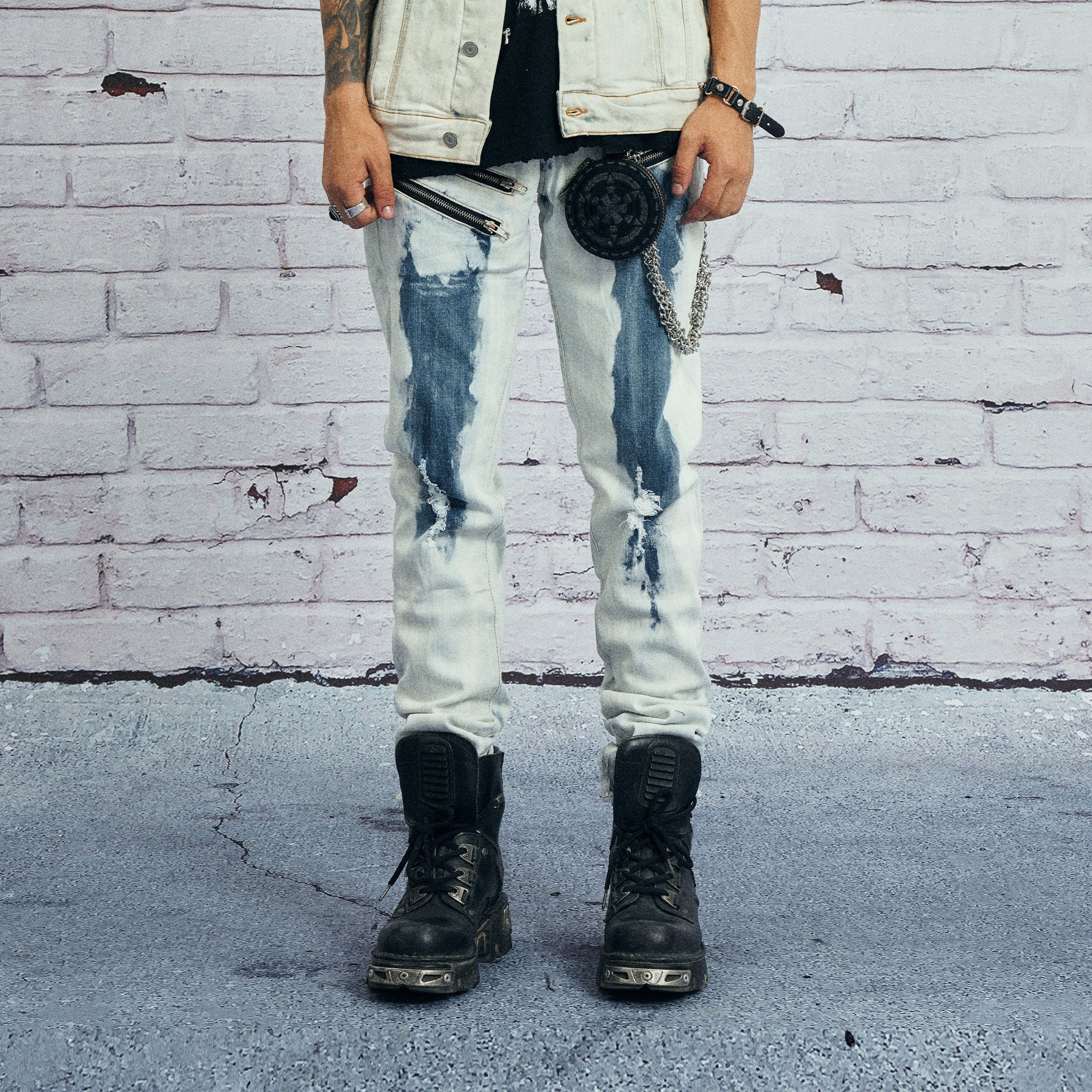 VENTUREK Distressed Washed Zippered Studded Slim Jeans, premium urban and streetwear designers apparel on PROJECTISR.com, VENTUREK