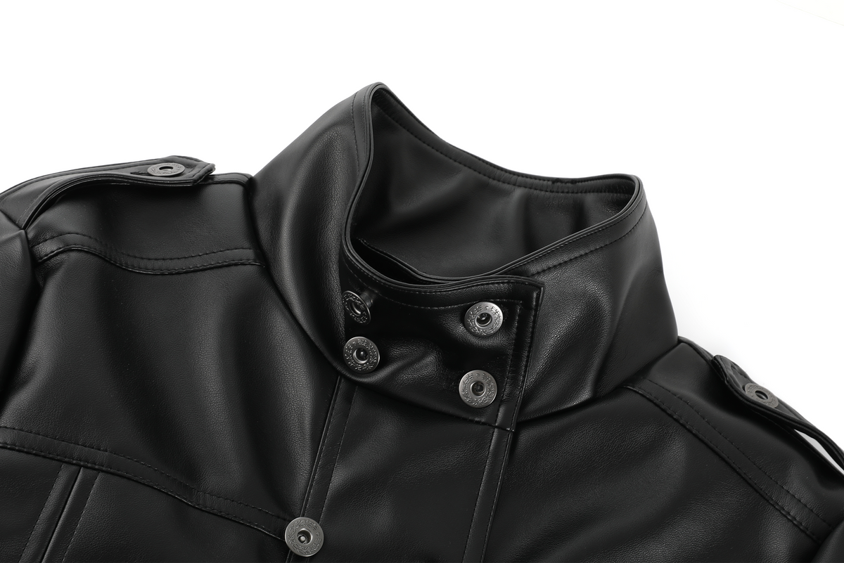 REMODUTION Double-Breasted Cinched Waist Faux Leather Jacket