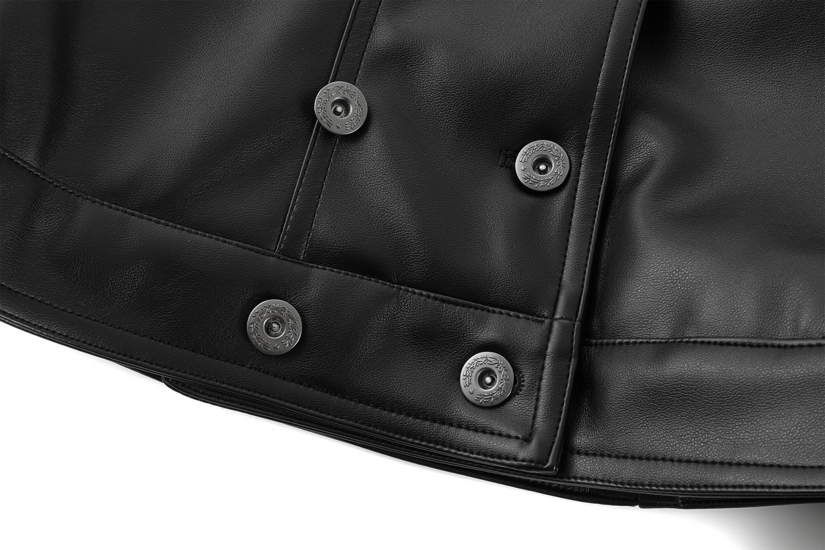 REMODUTION Double-Breasted Cinched Waist Faux Leather Jacket
