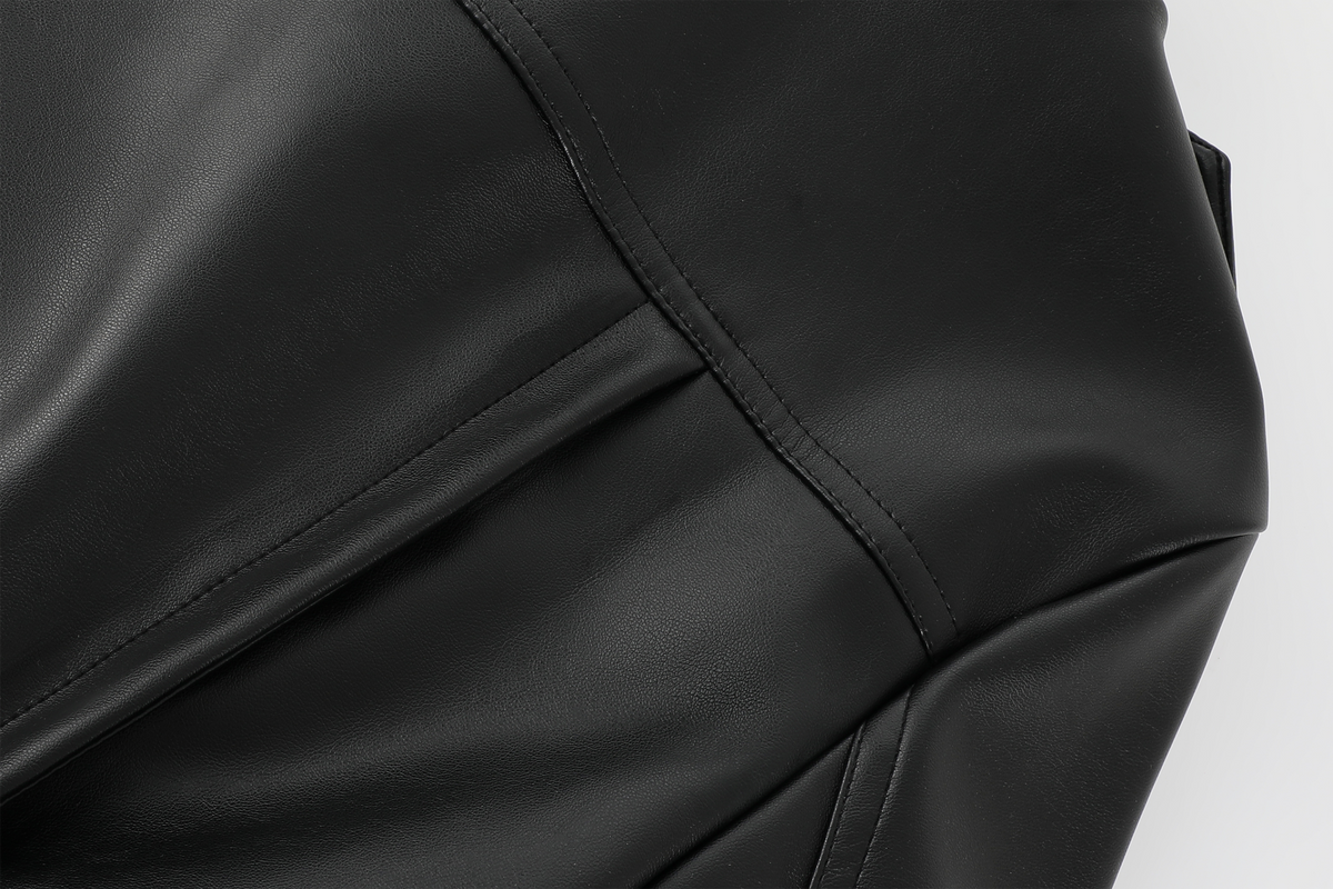REMODUTION Double-Breasted Cinched Waist Faux Leather Jacket