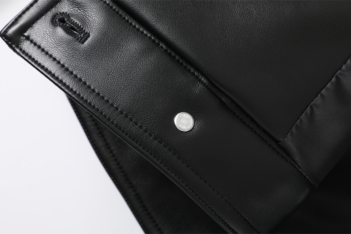 REMODUTION Double-Breasted Cinched Waist Faux Leather Jacket