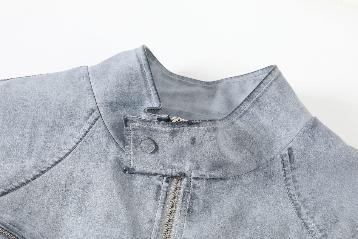 REMODUTION Deconstructed Washed Faux Leather Biker Jacket
