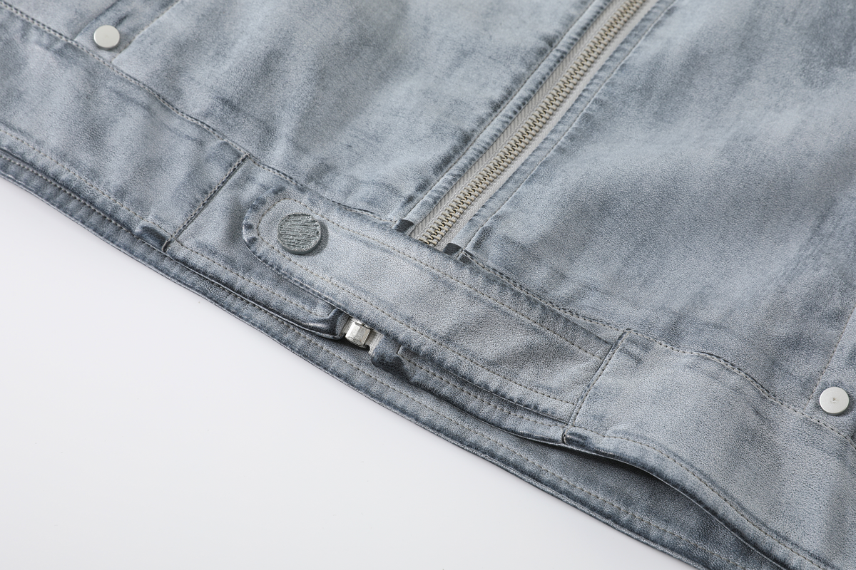 REMODUTION Deconstructed Washed Faux Leather Biker Jacket