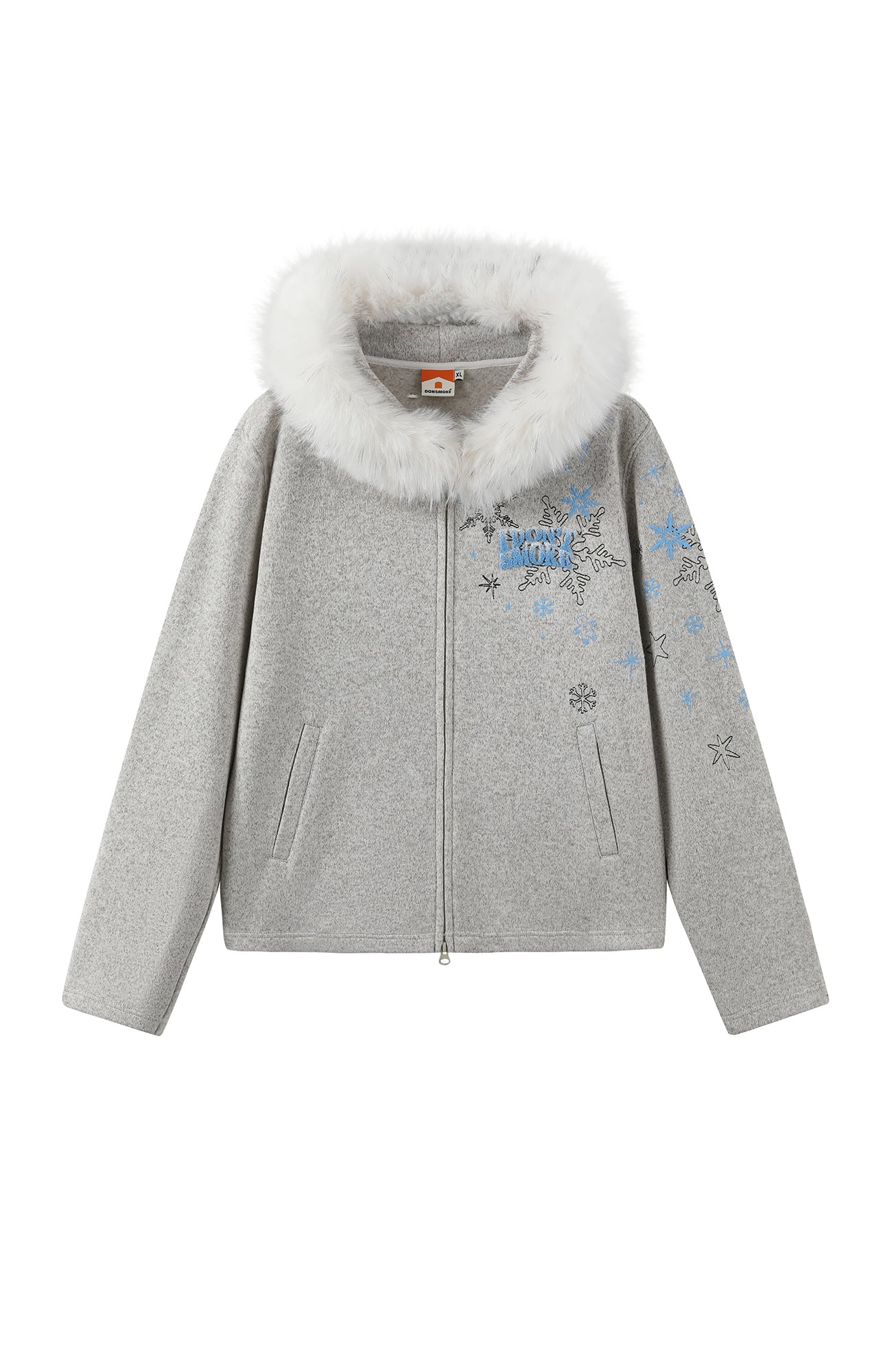 DONSMOKE Snowflake Embroidered Fleece-Lined Zip-Up Hoodie