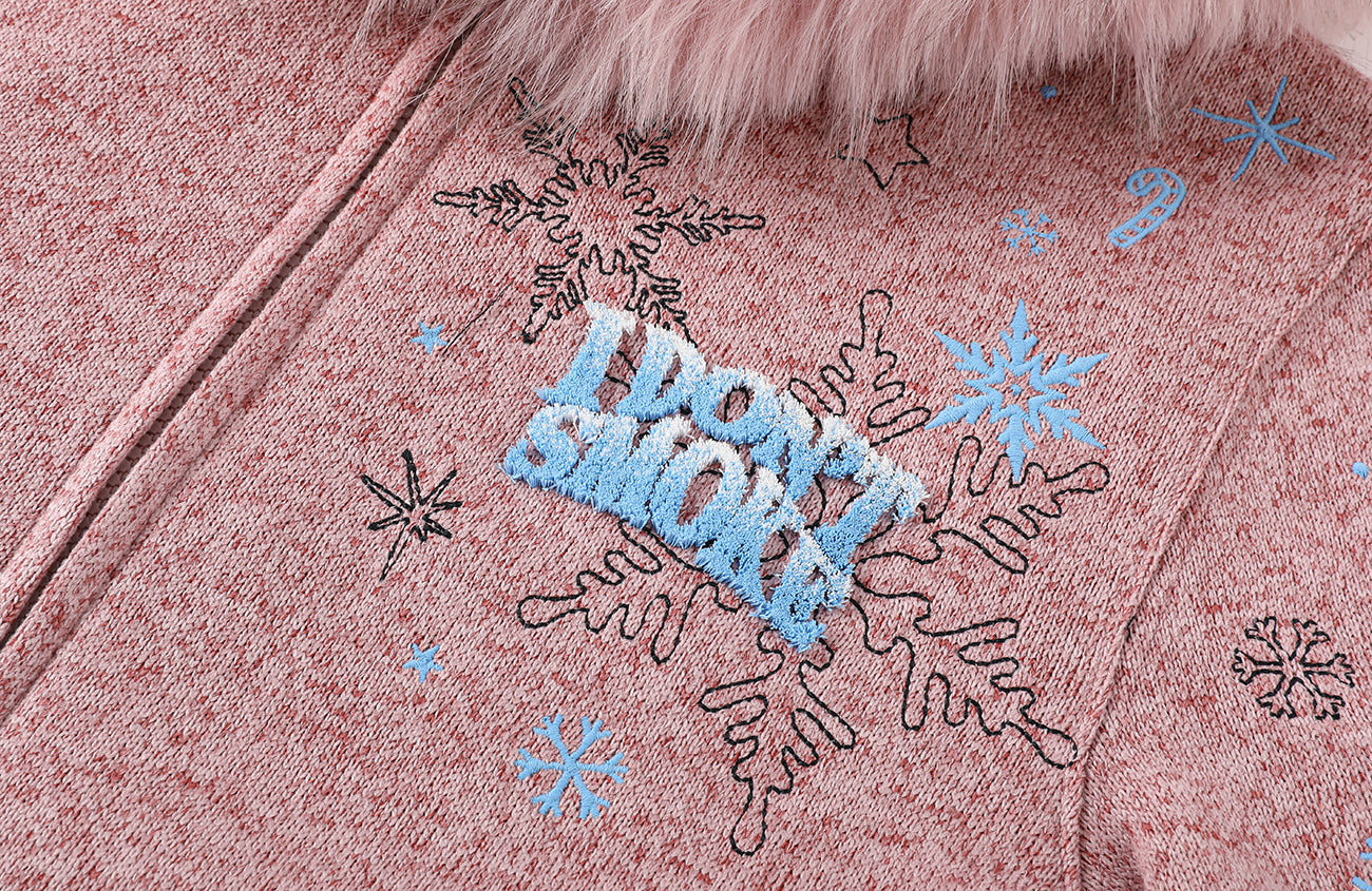 DONSMOKE Snowflake Embroidered Fleece-Lined Zip-Up Hoodie