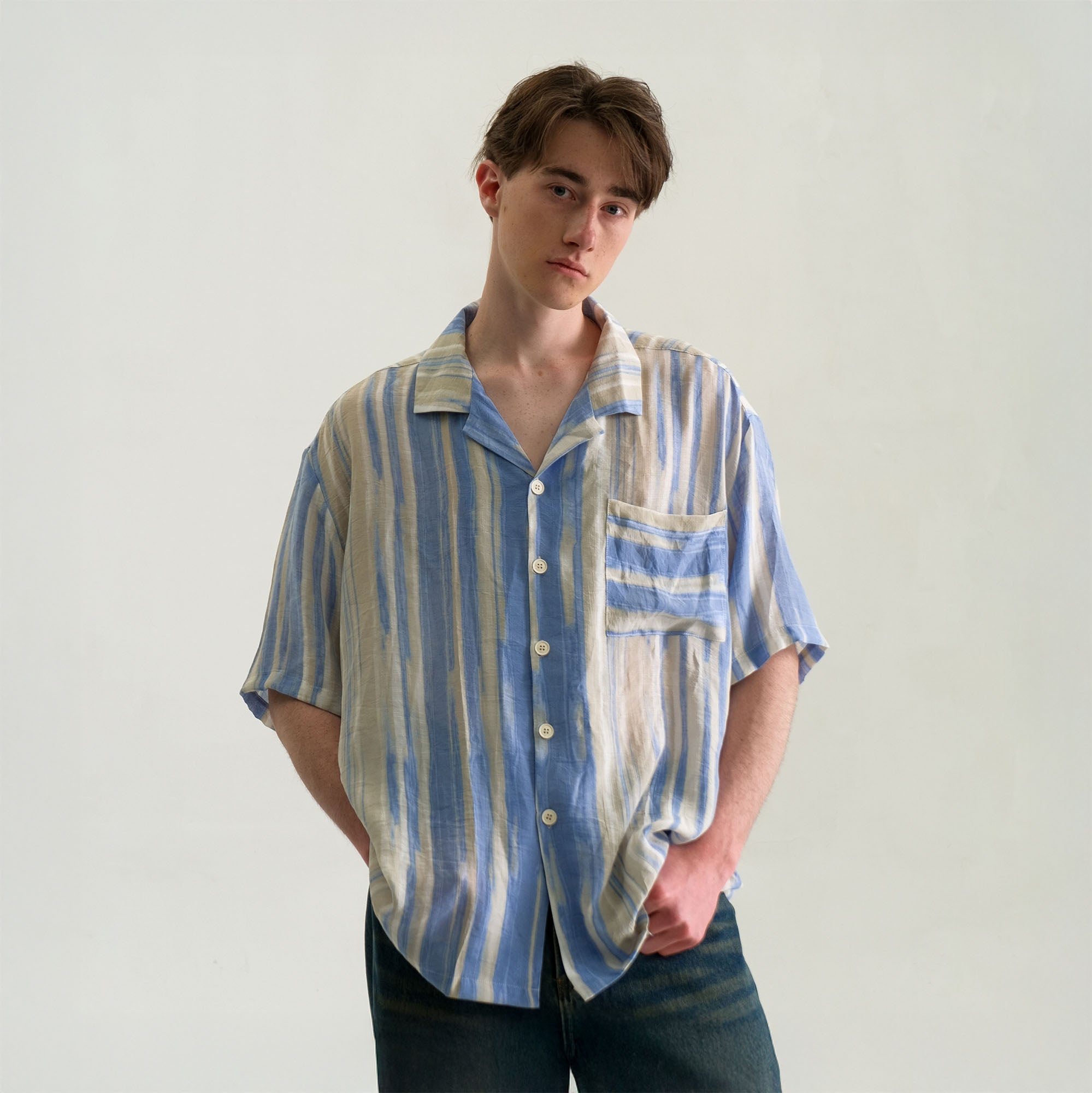 WIID Contrast Stripe Tencel Cuban Half Shirt, premium urban and streetwear designers apparel on PROJECTISR.com, WIID