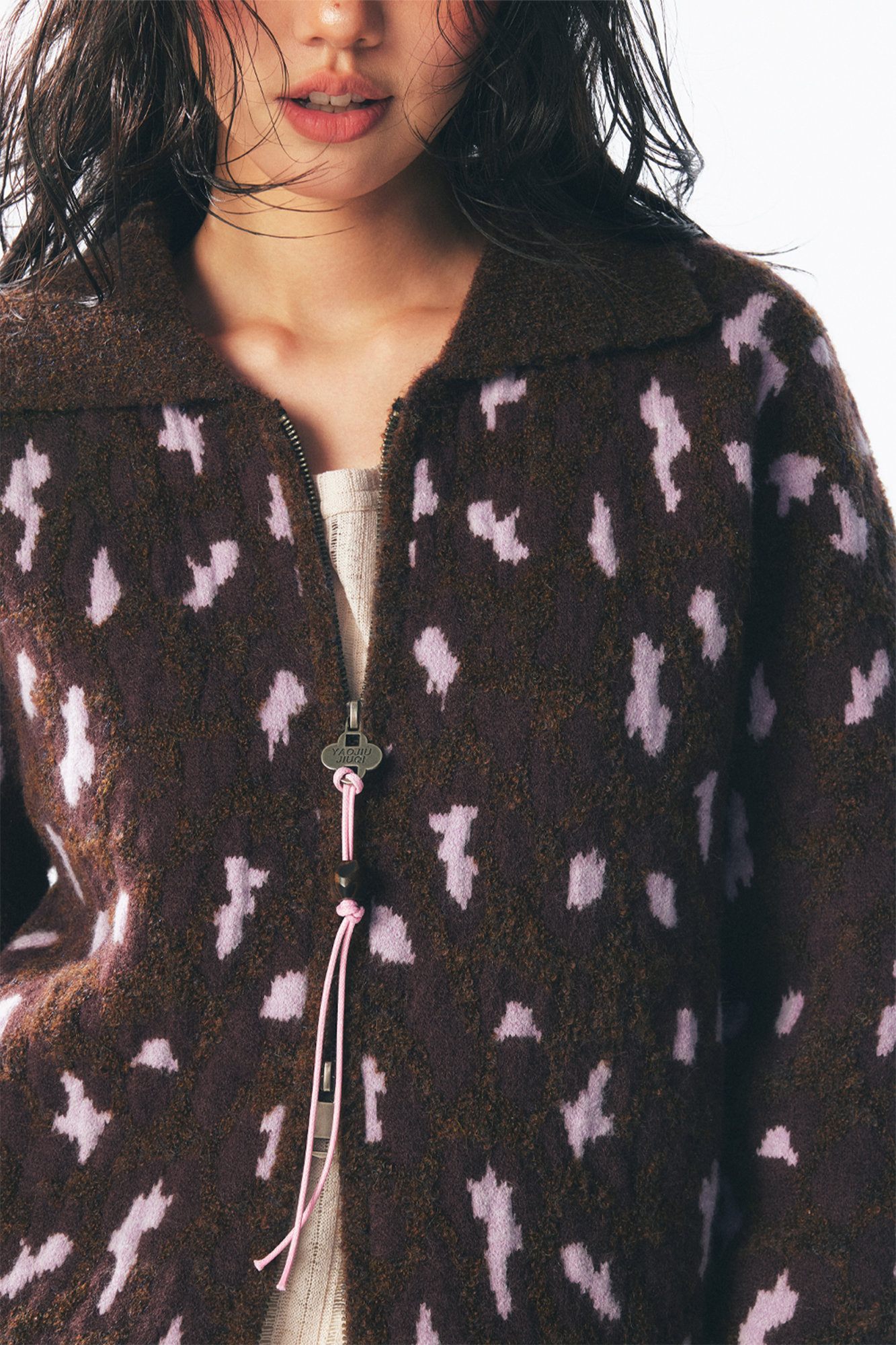 1997 POSTOFFICE Fuzzy Strawberry-Leopard Dual-Zip Knit Jacket