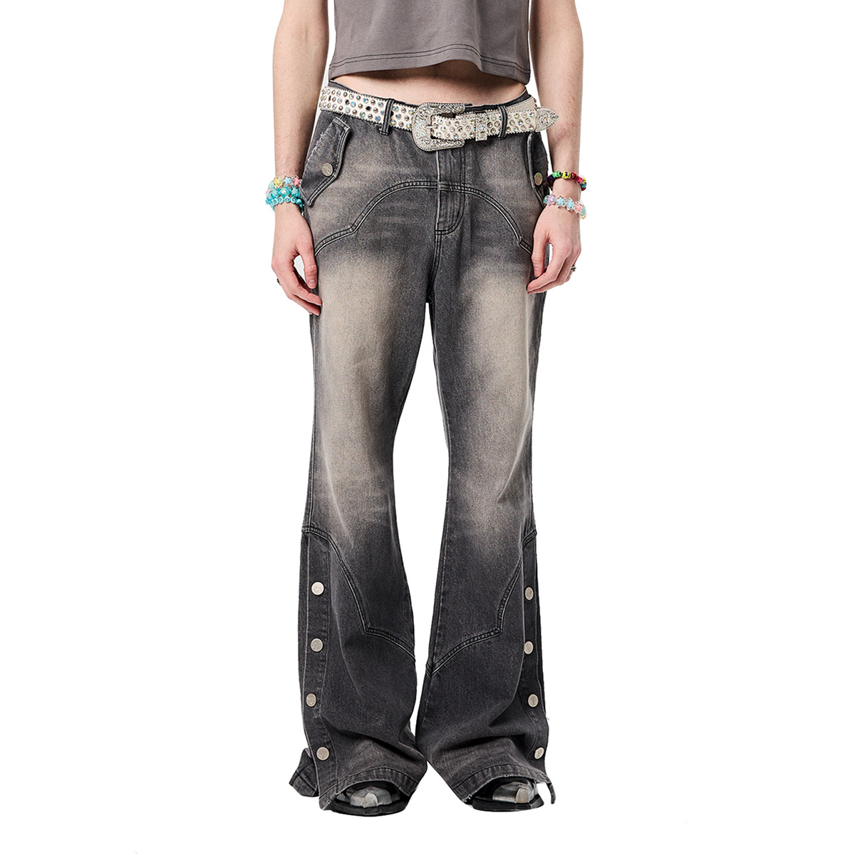 ERISSTOFF Washed Detachable Flared Jeans Gray