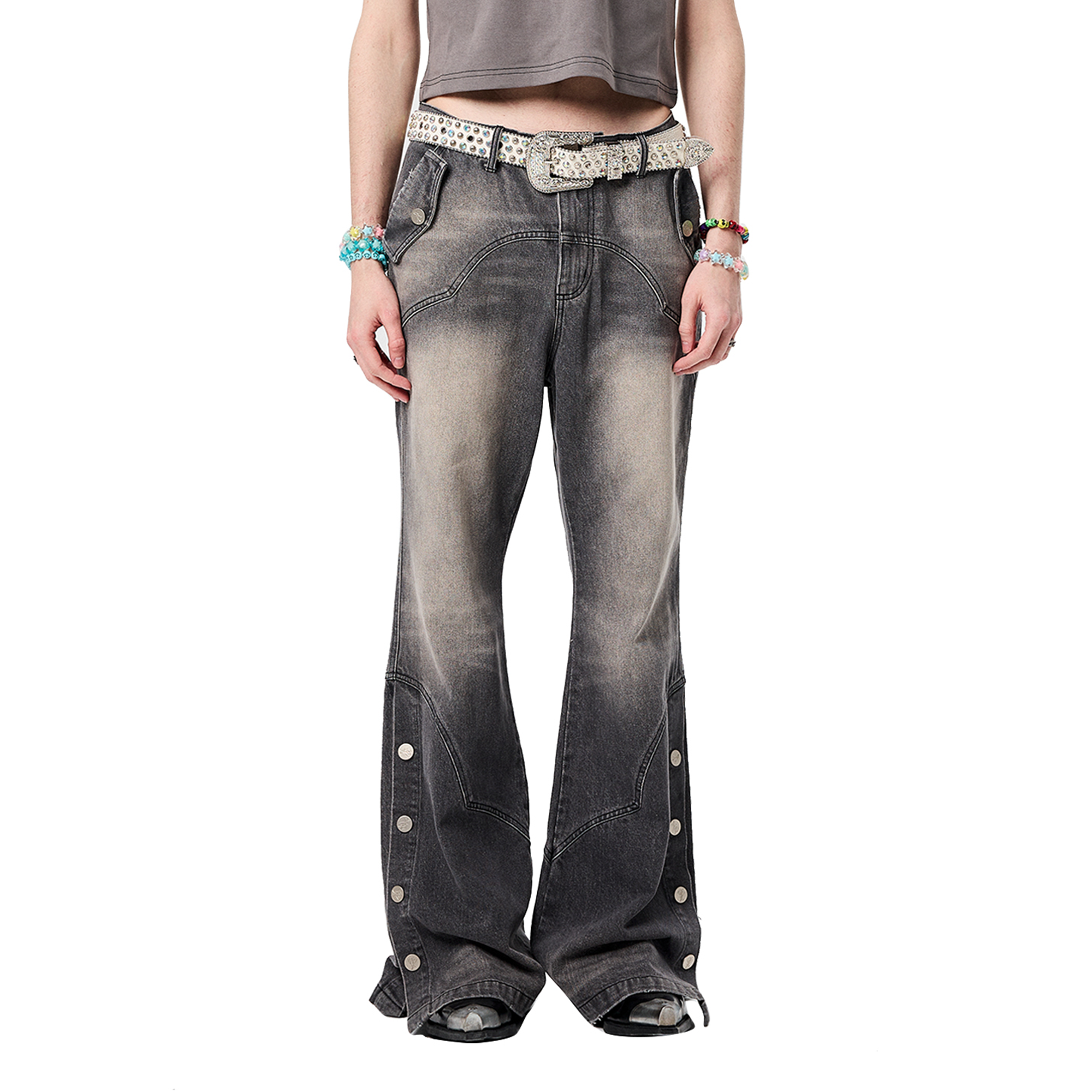 ERISSTOFF Washed Detachable Flared Jeans Gray