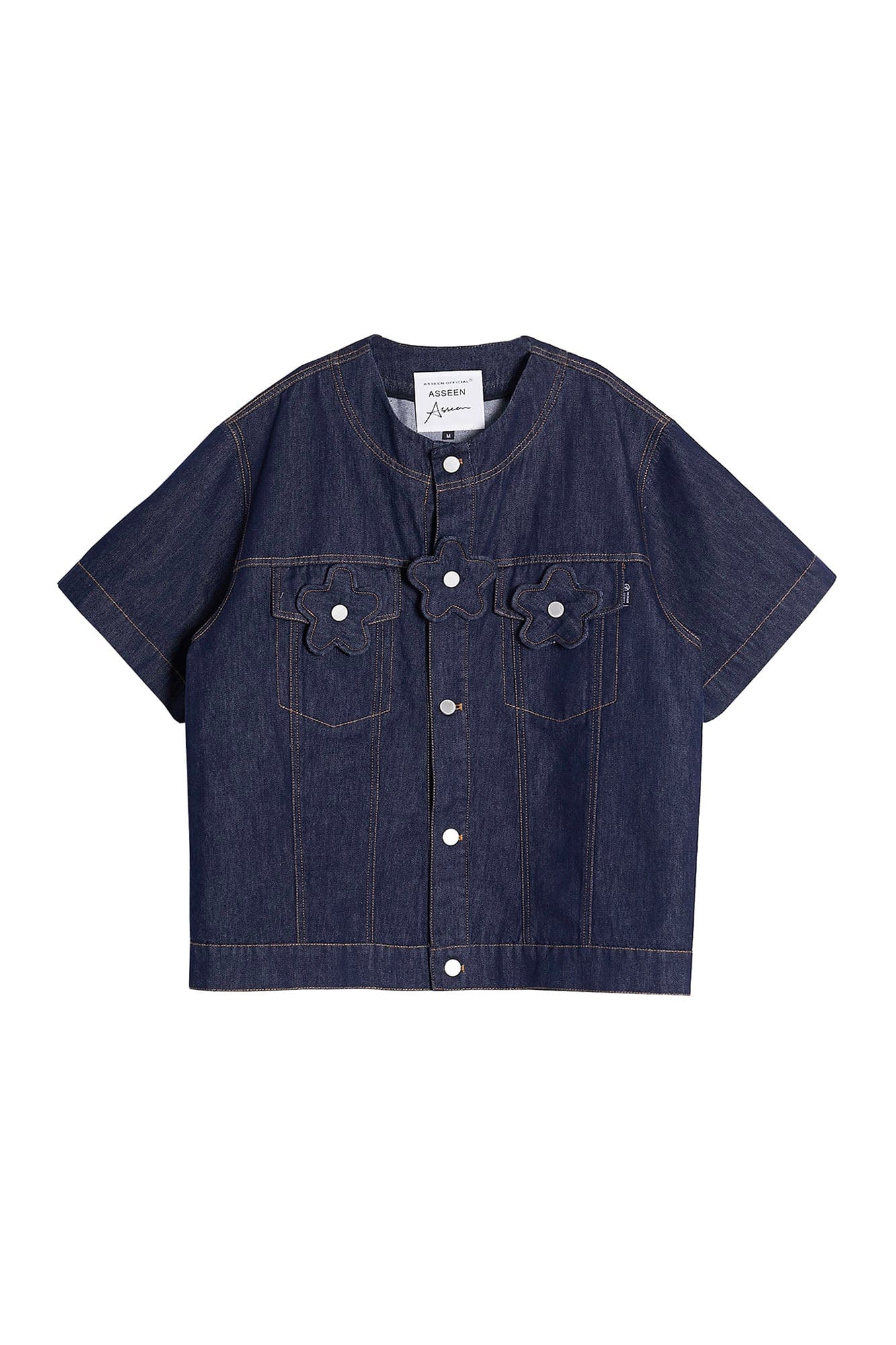 ASSEEN Flower Patchwork Stitched Raw Denim Half Shirt