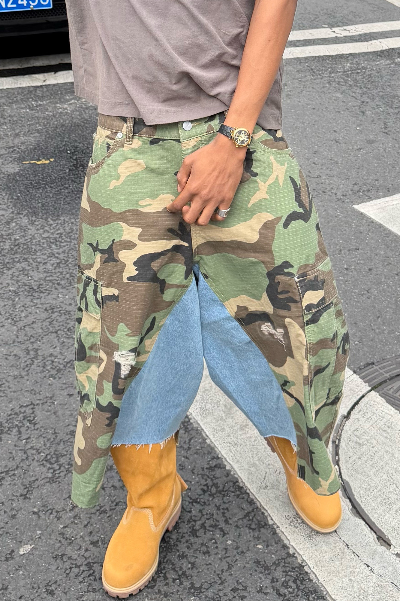 STEEPC Camo Distressed Denim Paneled Cargo Shorts