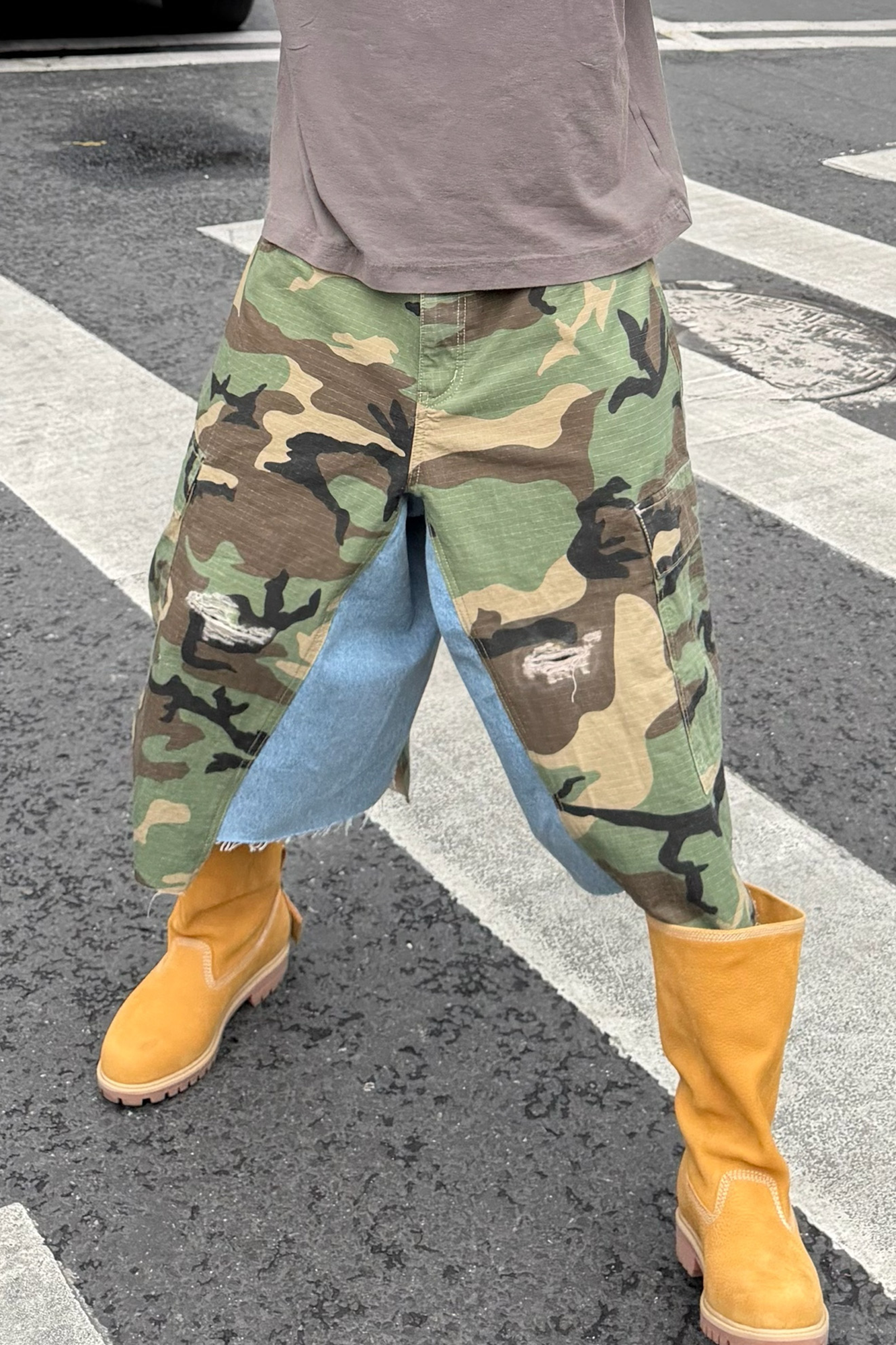 STEEPC Camo Distressed Denim Paneled Cargo Shorts