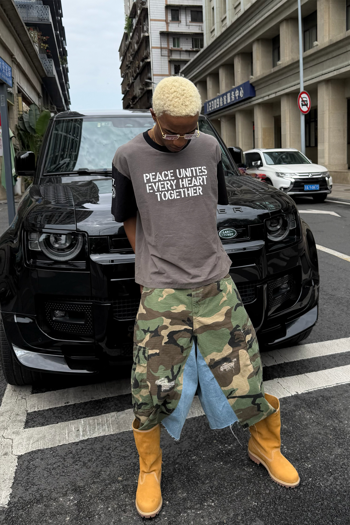 STEEPC Camo Distressed Denim Paneled Cargo Shorts