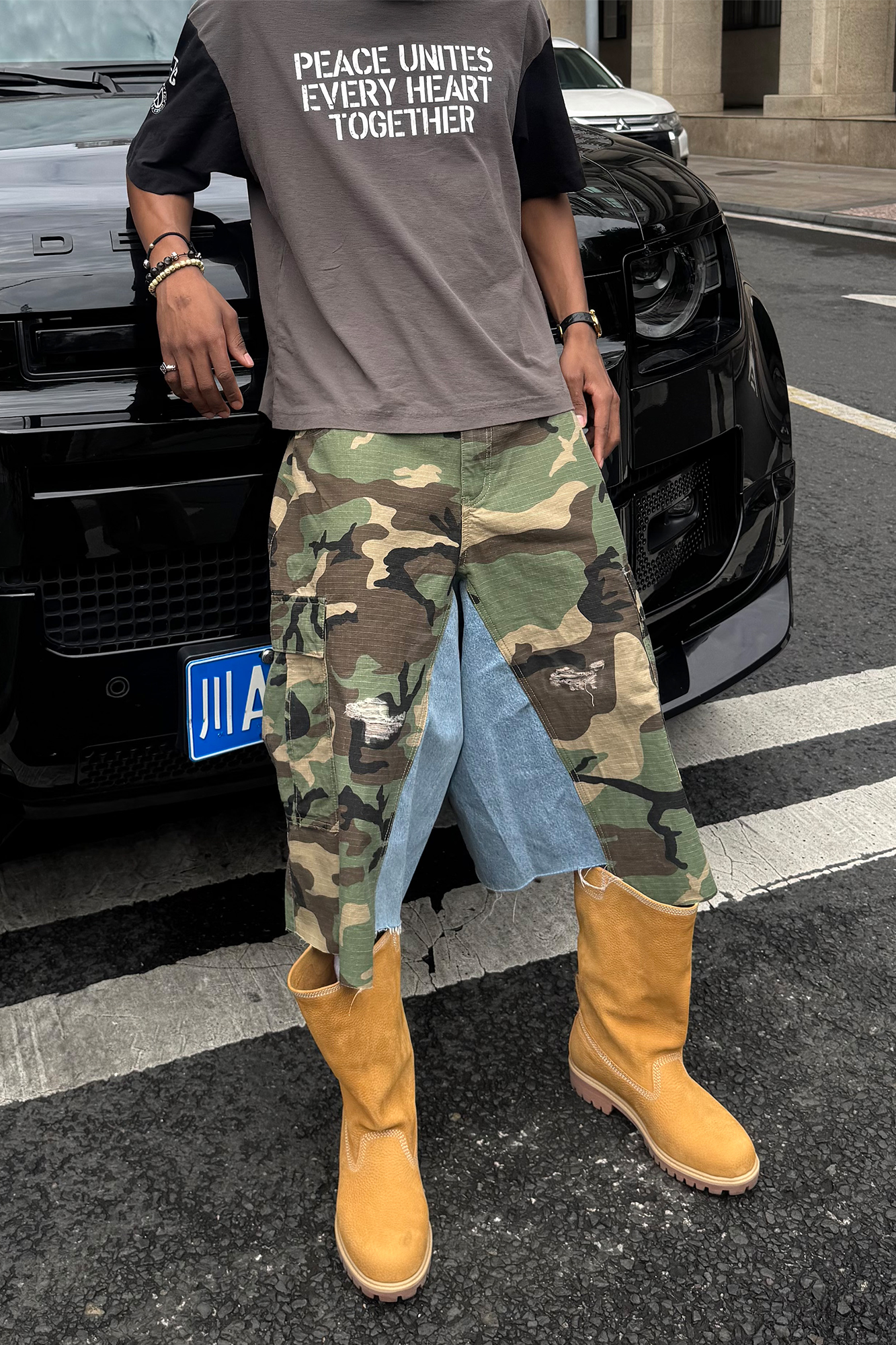 STEEPC Camo Distressed Denim Paneled Cargo Shorts