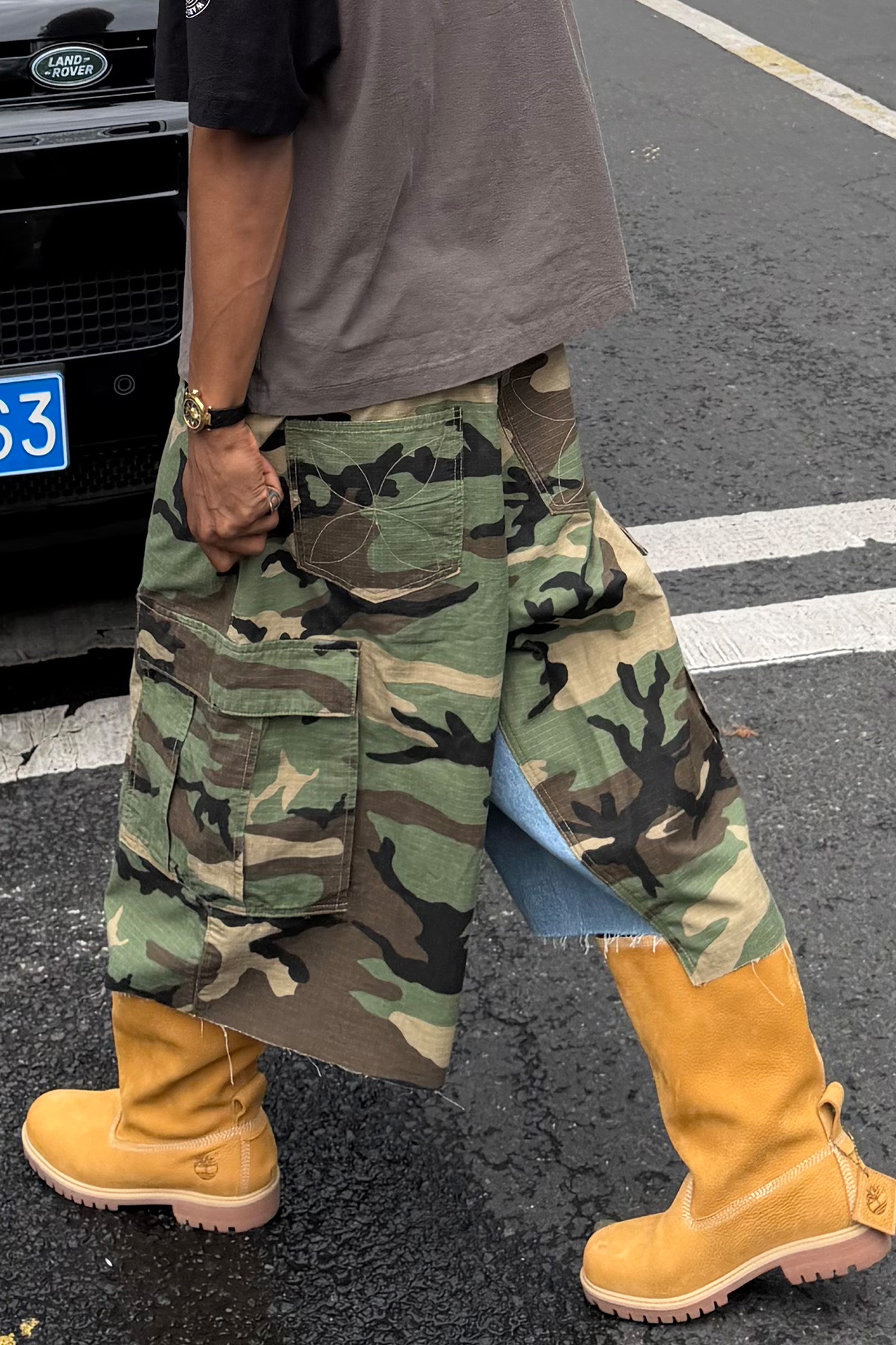 STEEPC Camo Distressed Denim Paneled Cargo Shorts