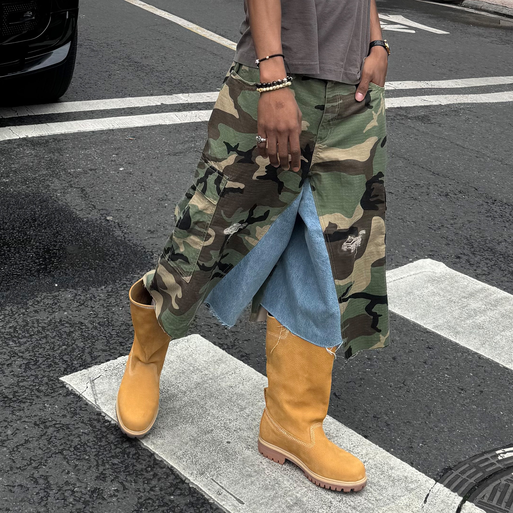 STEEPC Camo Distressed Denim Paneled Cargo Shorts