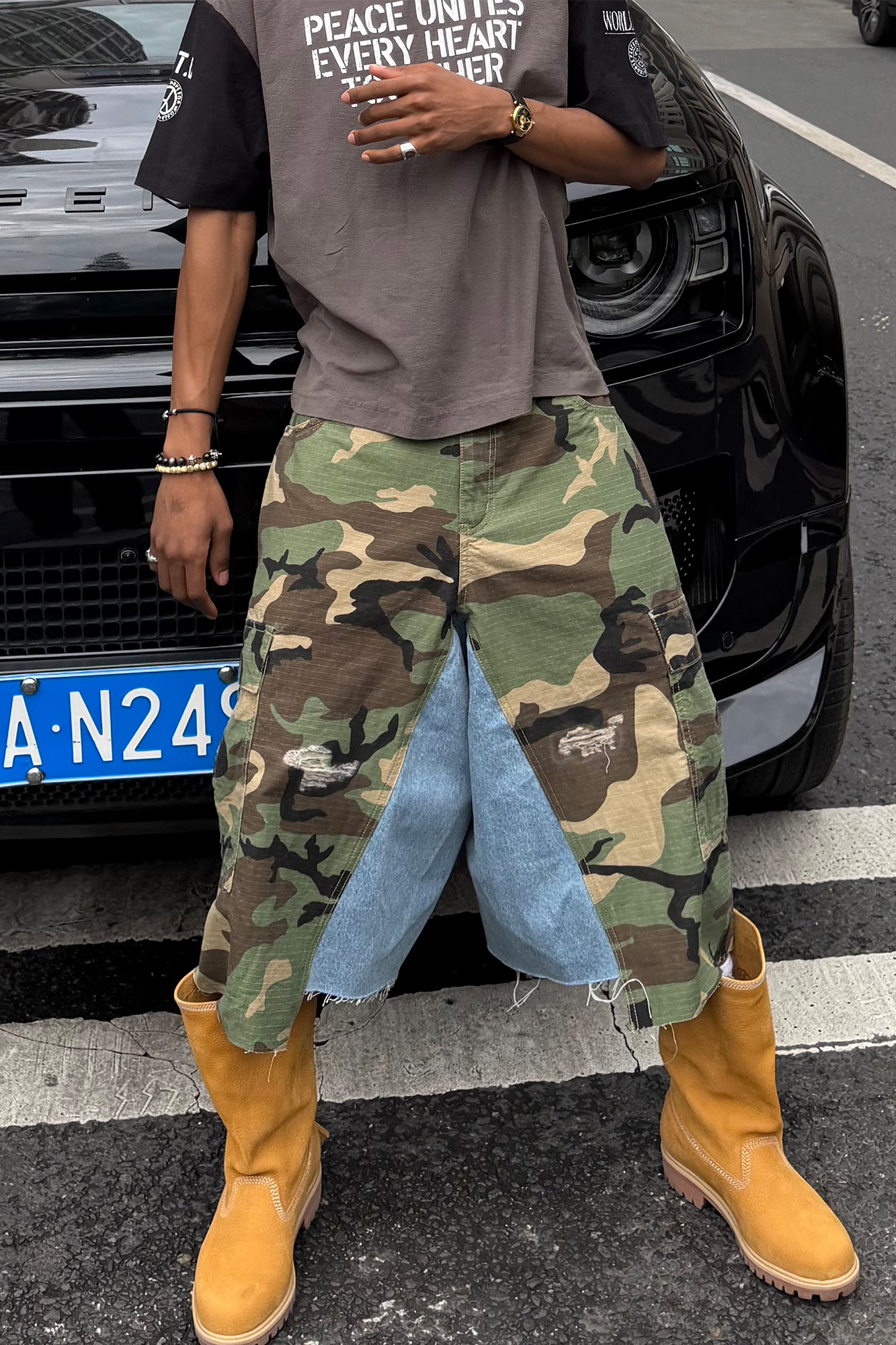 STEEPC Camo Distressed Denim Paneled Cargo Shorts