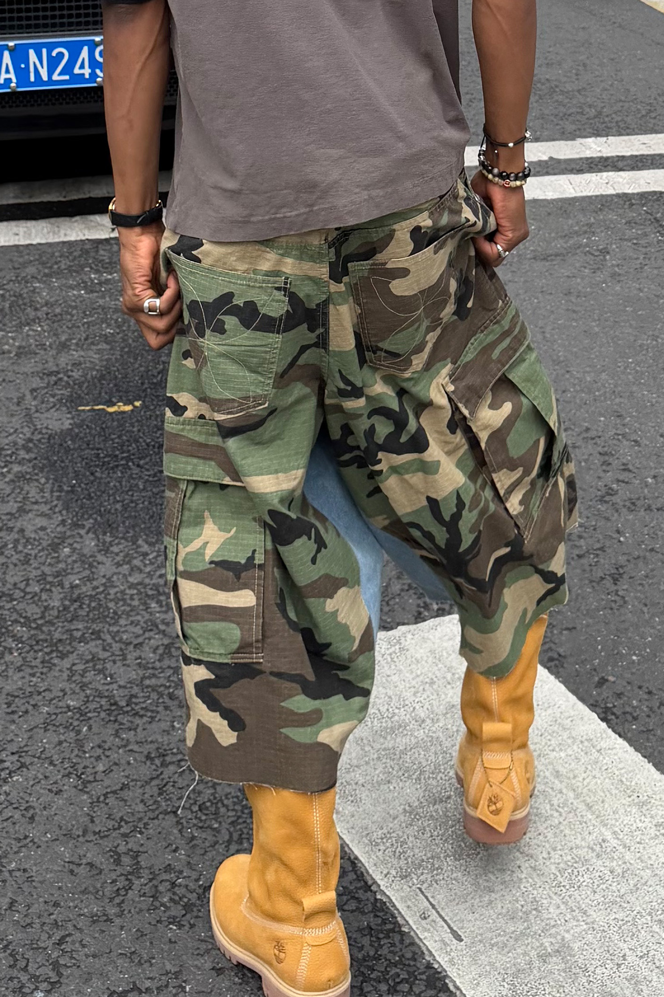 STEEPC Camo Distressed Denim Paneled Cargo Shorts