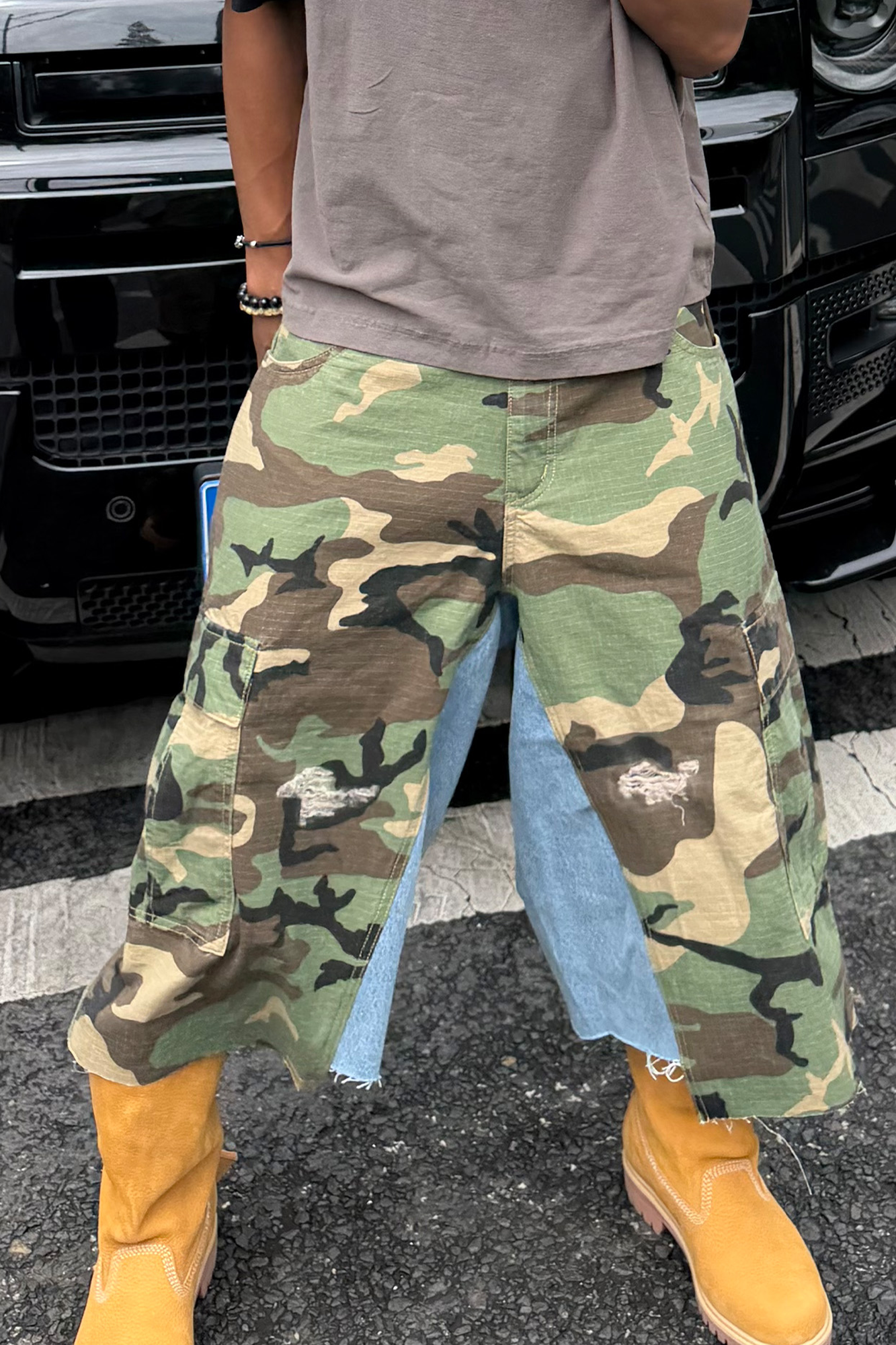 STEEPC Camo Distressed Denim Paneled Cargo Shorts