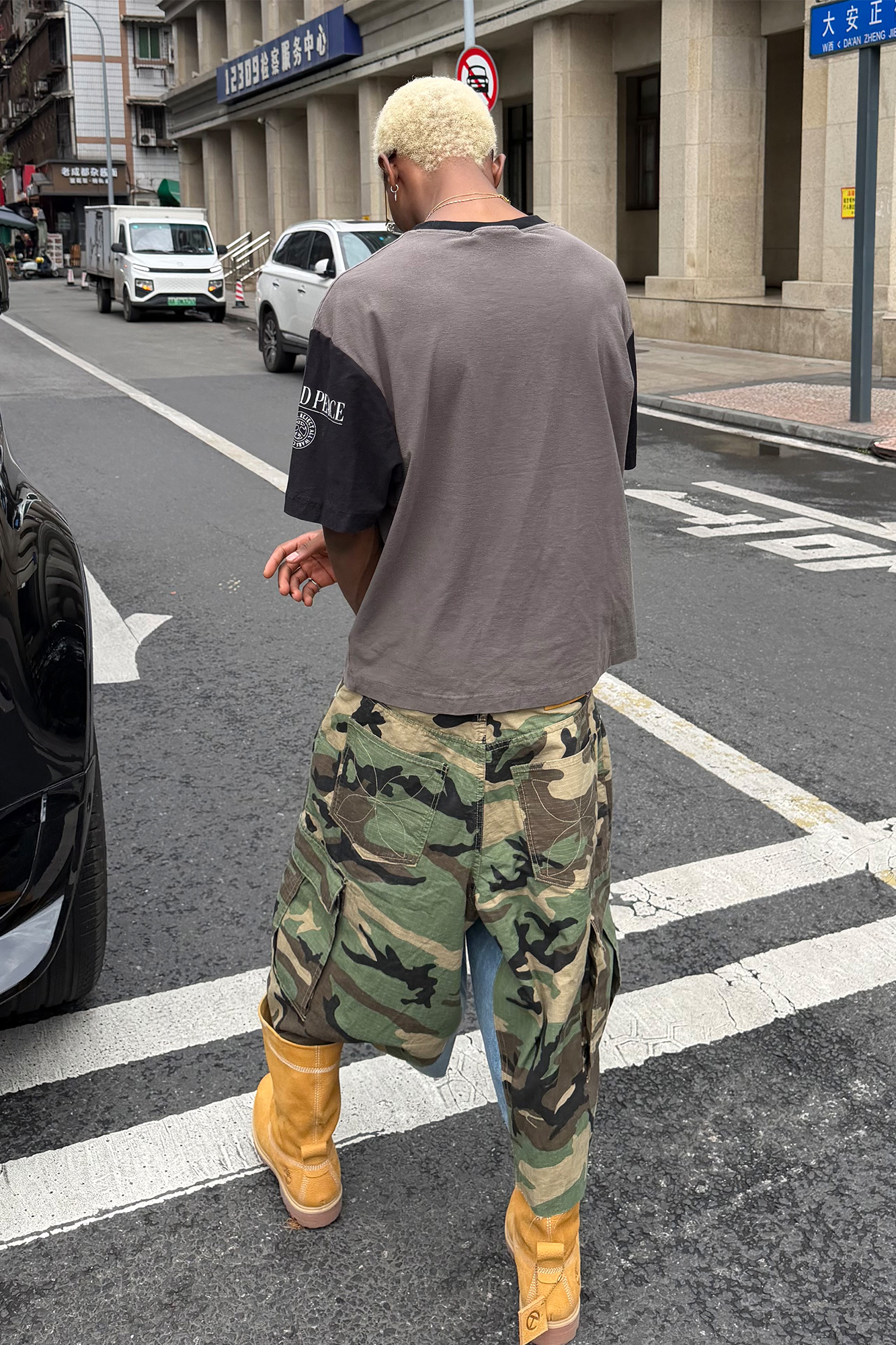 STEEPC Camo Distressed Denim Paneled Cargo Shorts
