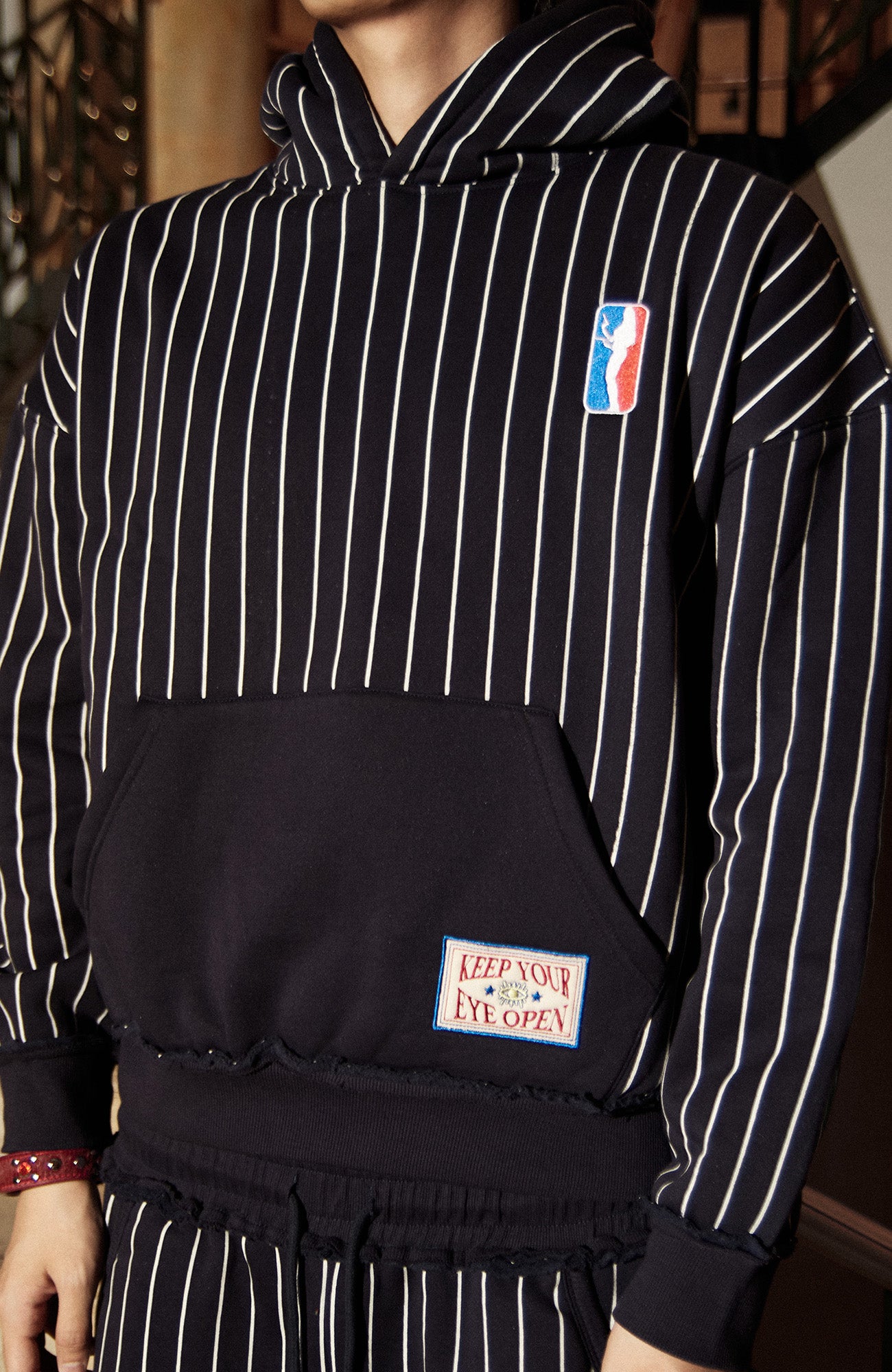 PHANTOMHUNTER Stripe Embroidered Studded Hoodie, premium urban and streetwear designers apparel on PROJECTISR.com, PHANTOMHUNTER