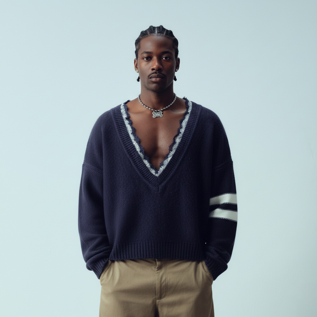 KADAKADA Lace-Neck Distressed Oversized Sweater