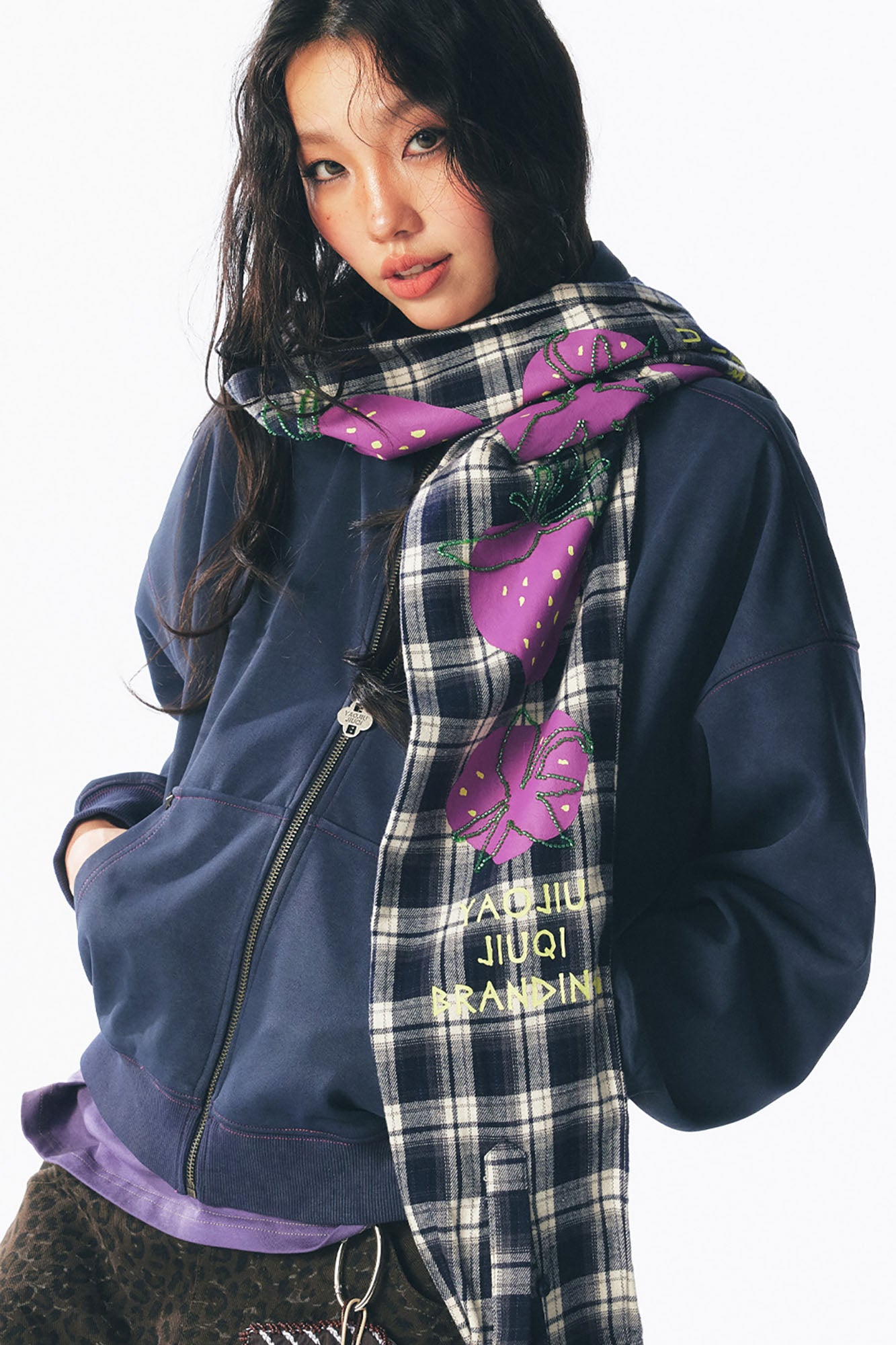 1997 POSTOFFICE Strawberry Graphic Built-In Scarf Zip-Up Hoodie, premium urban and streetwear designers apparel on PROJECTISR.com, 1997 POSTOFFICE