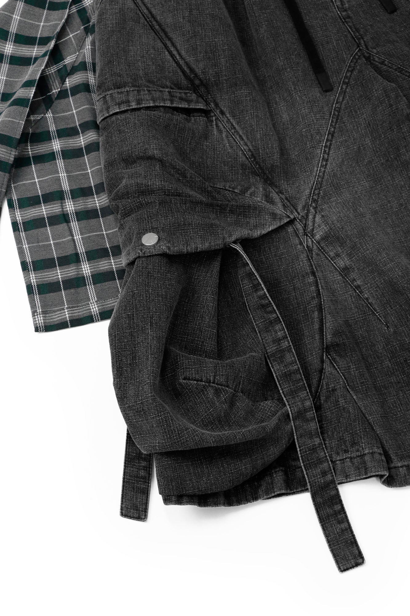 RELABEL Detachable Plaid Drape Oversized Denim Shorts, premium urban and streetwear designers apparel on PROJECTISR.com, RELABEL