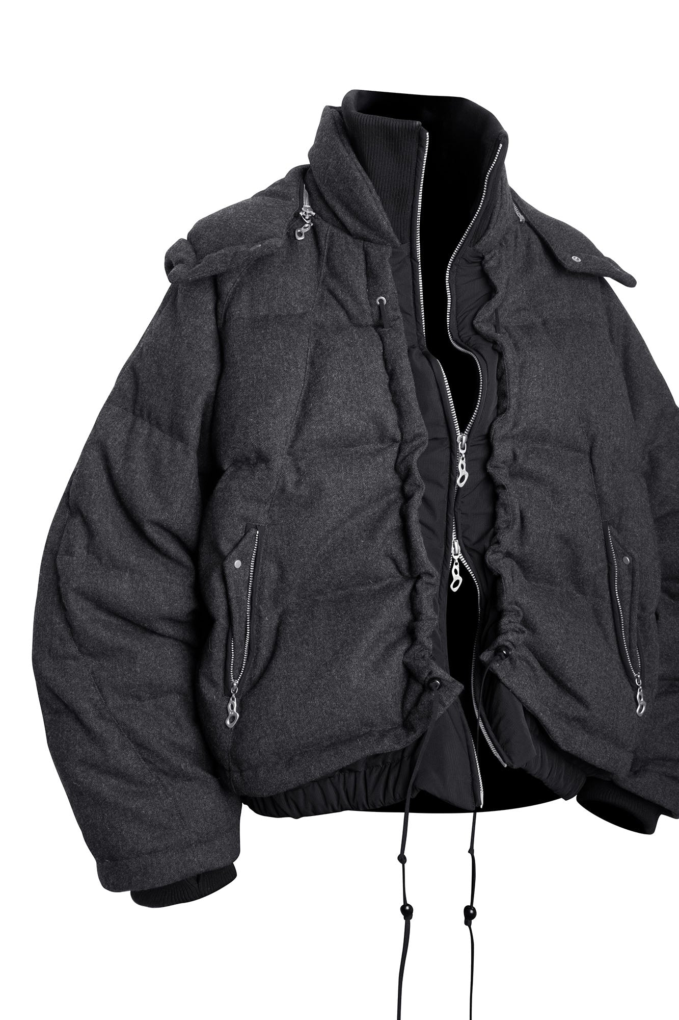 RELABEL Layered Detachable Hood Wool-Blend Puffer Jacket Gray