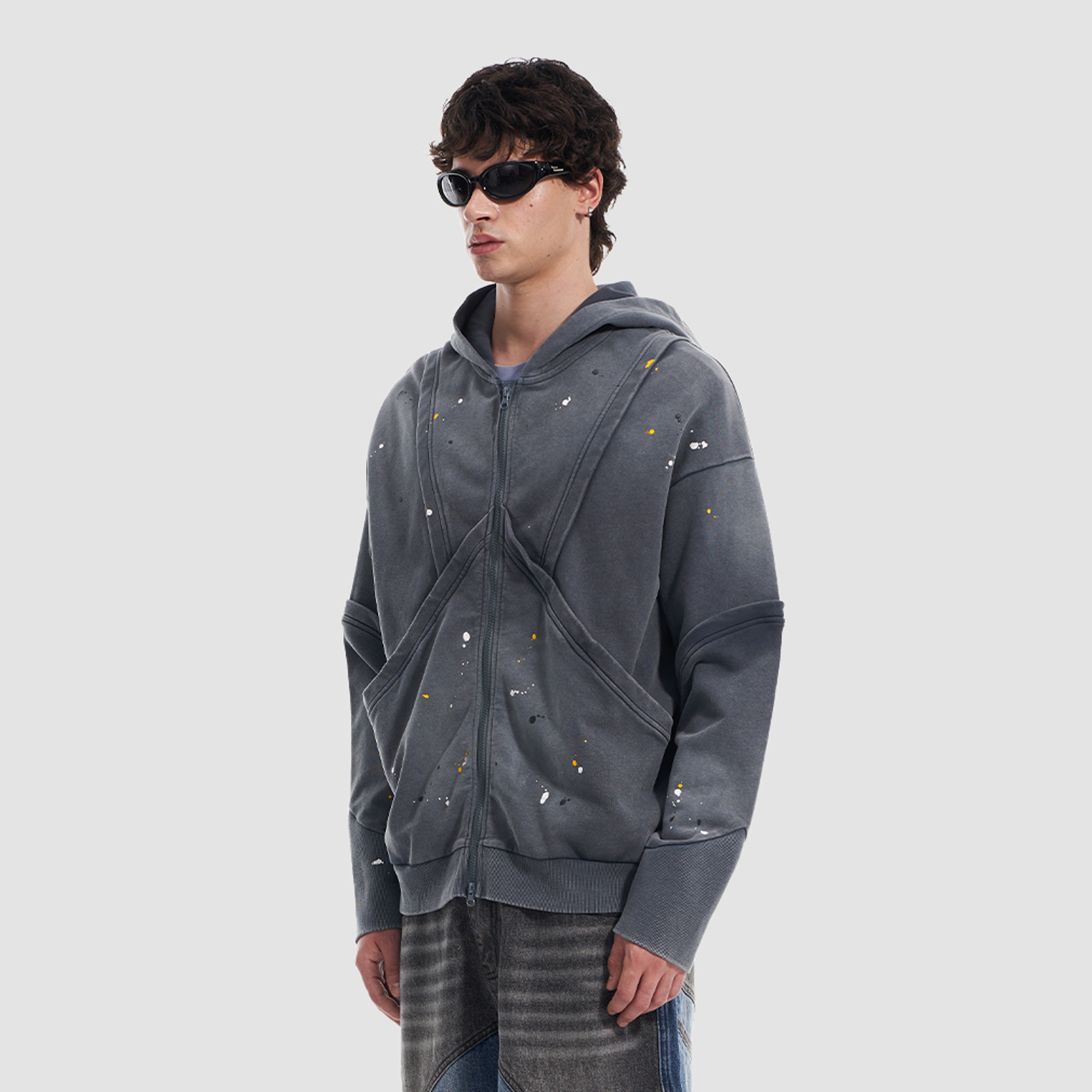 VANN VALRENCE Washed Paint-Splattered Paneled Zip Hoodie