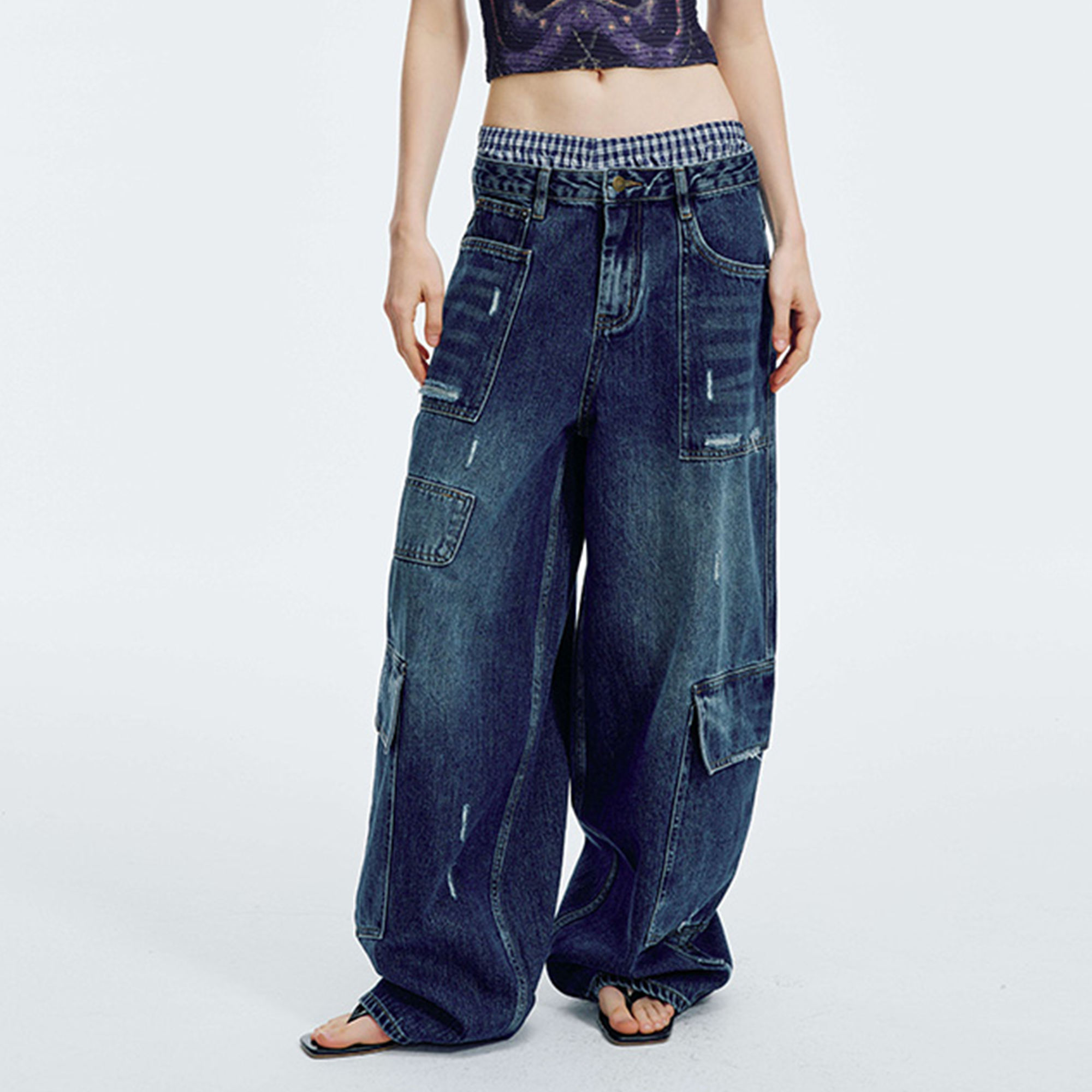 HAHAHA Washed Distressed Multi-Pocket Wide-Leg Jeans