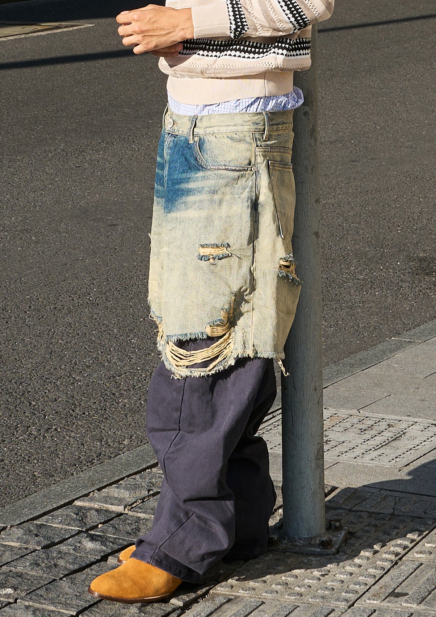STEEPC Distressed Layered Denim Overlay Pants, premium urban and streetwear designers apparel on PROJECTISR.com, STEEPC