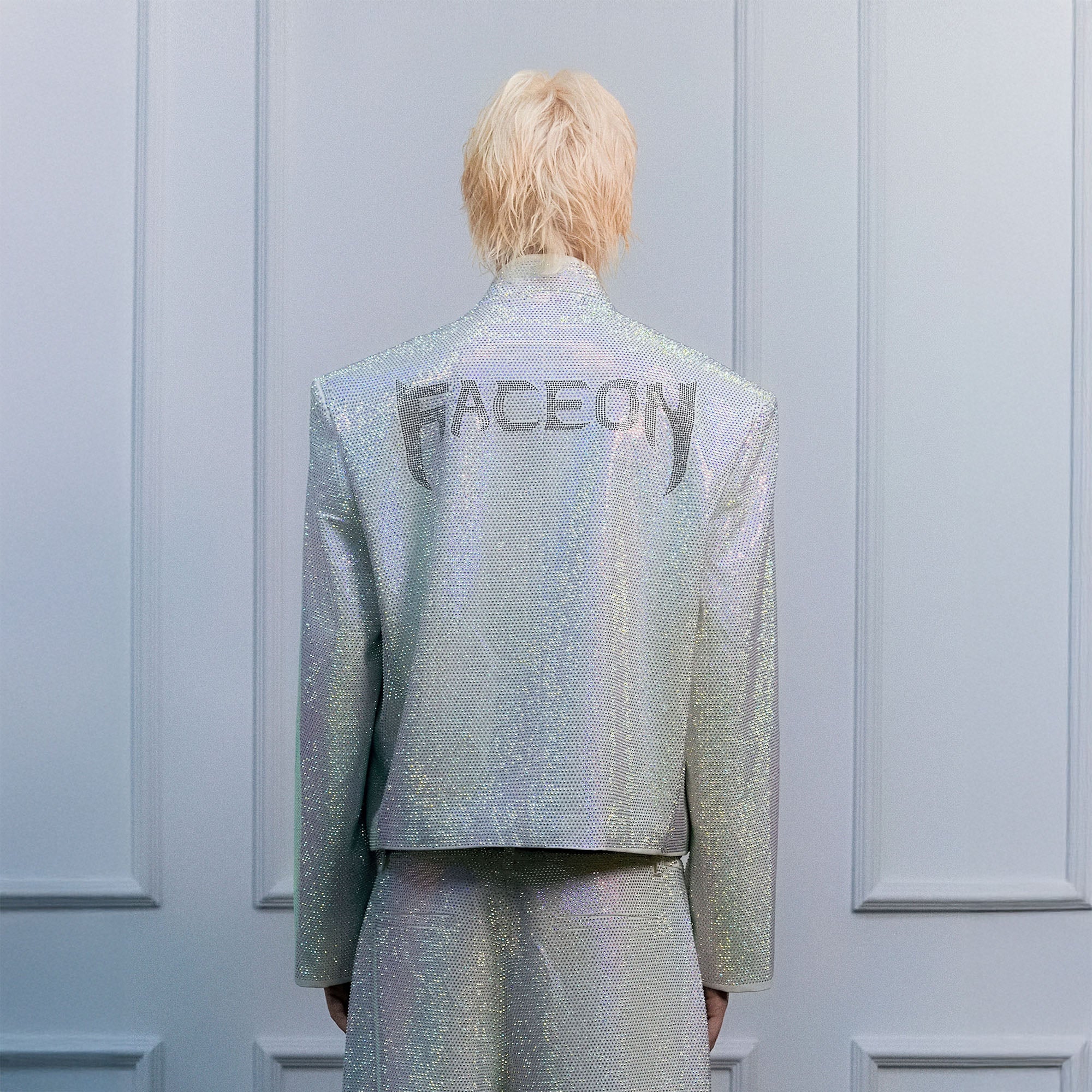 FACEONLAB Iridescent Diamond Mandarin Collar Jacket, premium urban and streetwear designers apparel on PROJECTISR.com, FACEONLAB