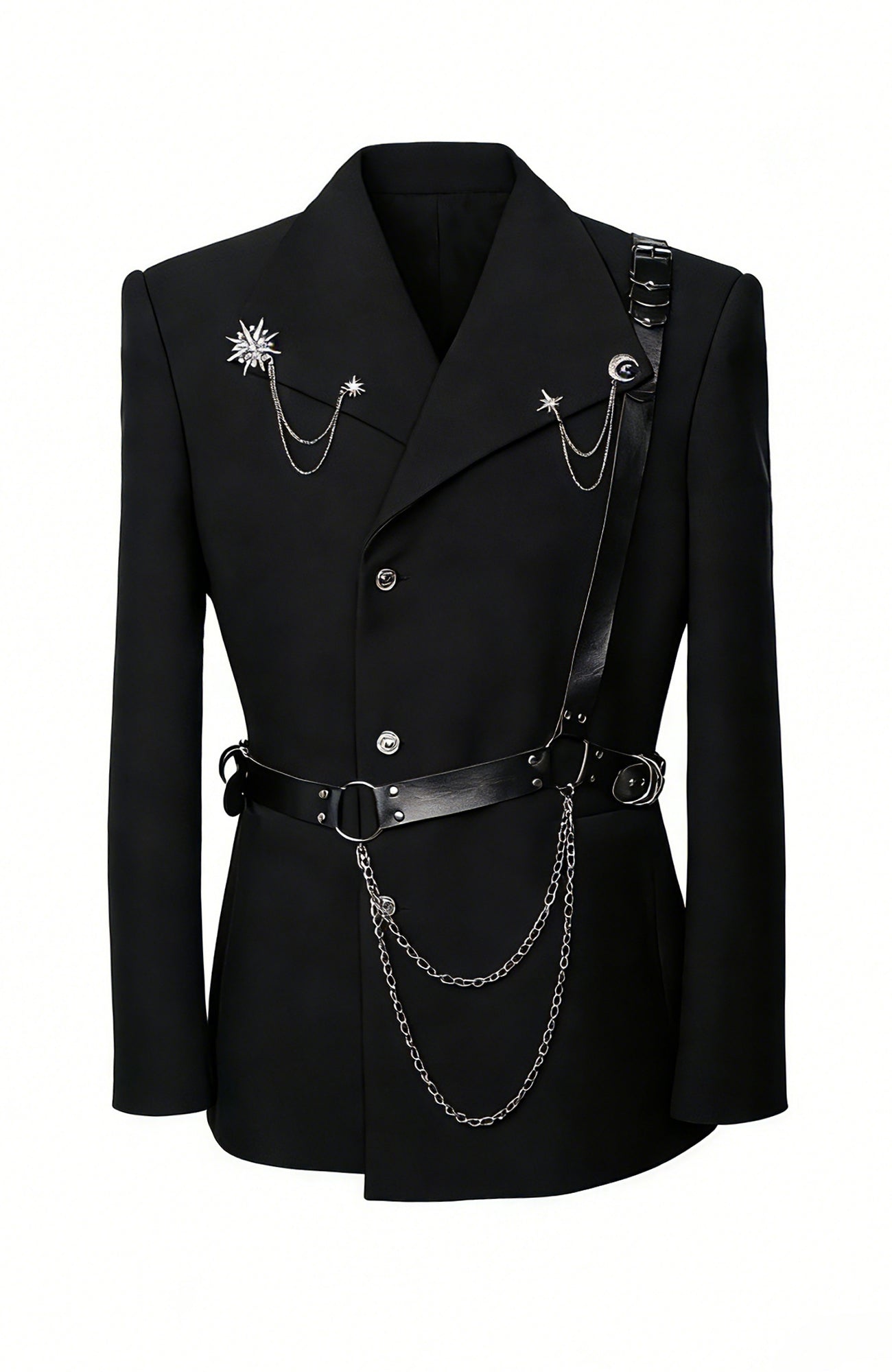 SHANG JIE Asymmetrical Harness Belt Chain-Drape Blazer