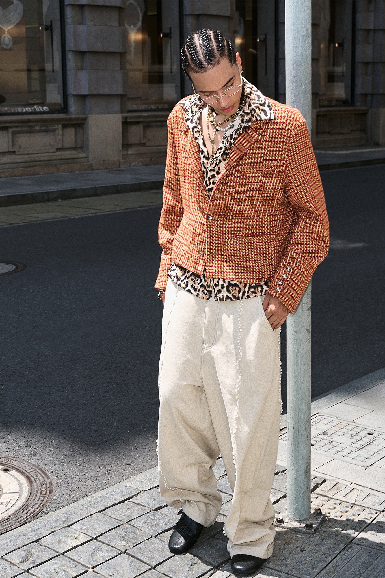 STEEPC Houndstooth Wool-Blend Stand-Collar Boxy Blazer