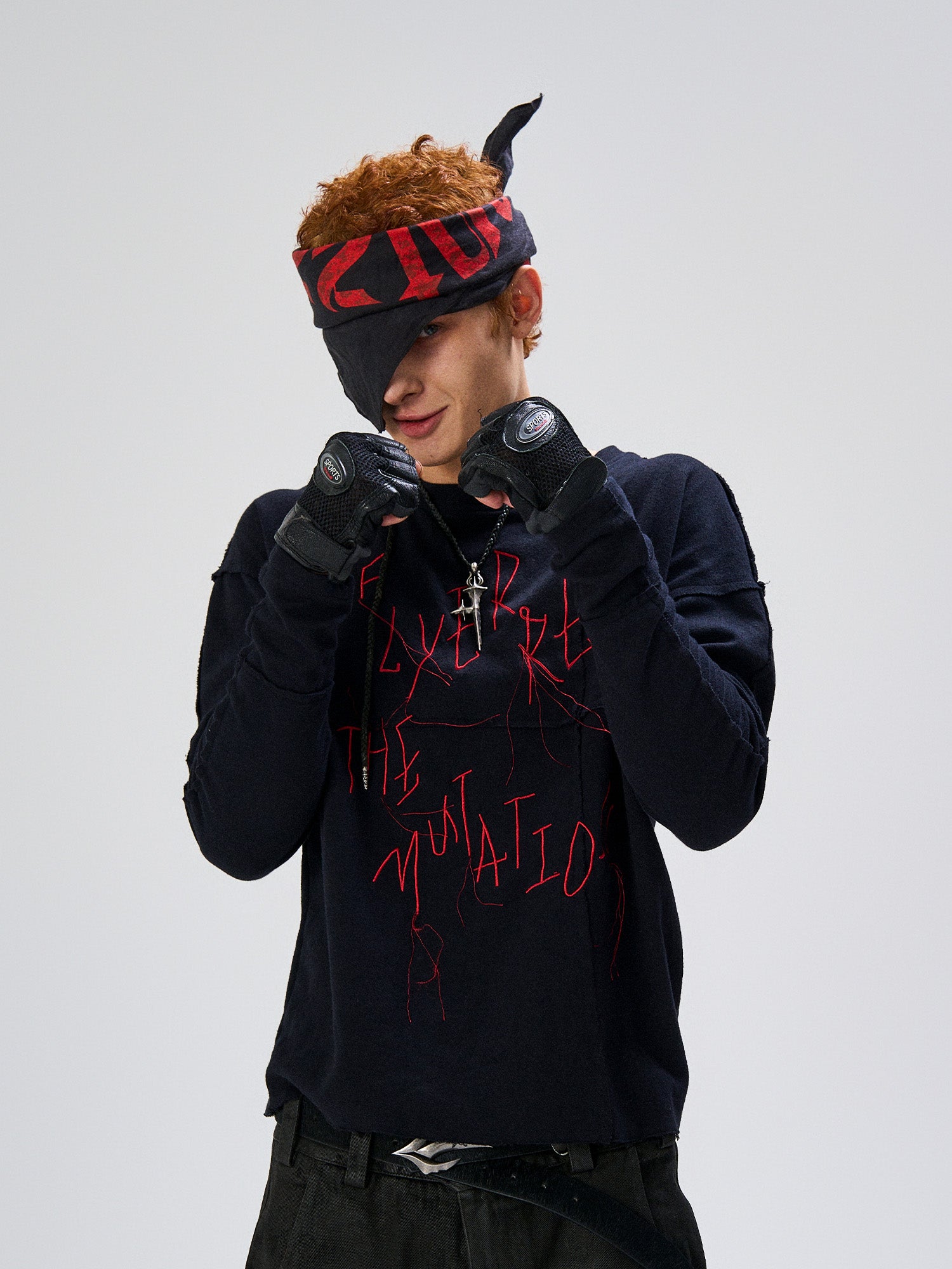 FLYERRER Cross-Panel Contrast Frayed Embroidered Long-Sleeve Tee, premium urban and streetwear designers apparel on PROJECTISR.com, FLYERRER