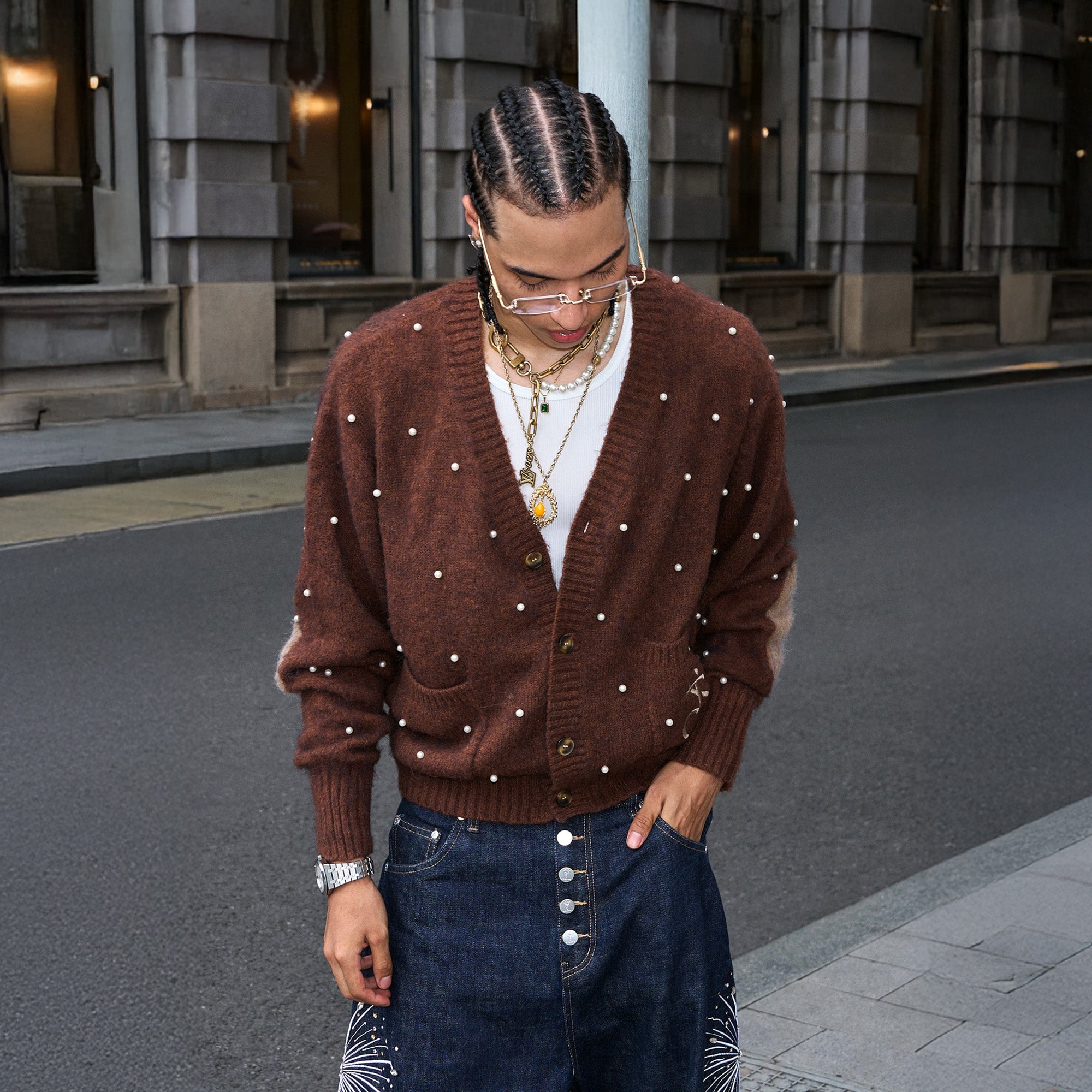 STEEPC Pearl-Studded Contrast Elbow Patch Cardigan