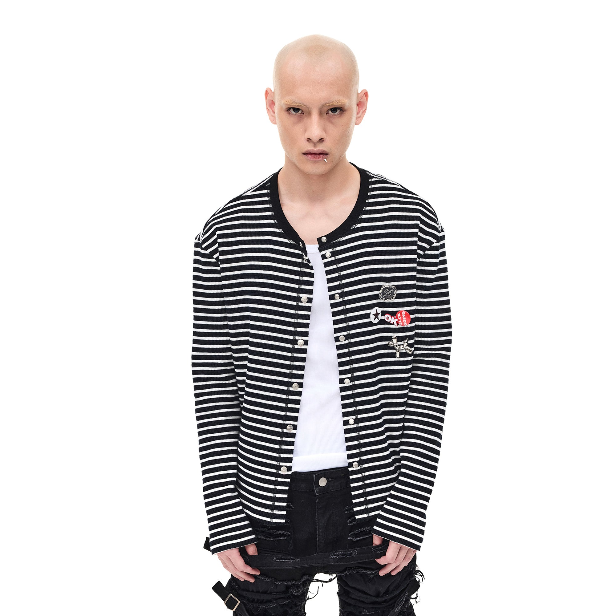 WHISTLEHUNTER Striped Badge Snap Slim Cardigan, premium urban and streetwear designers apparel on PROJECTISR.com, WHISTLEHUNTER