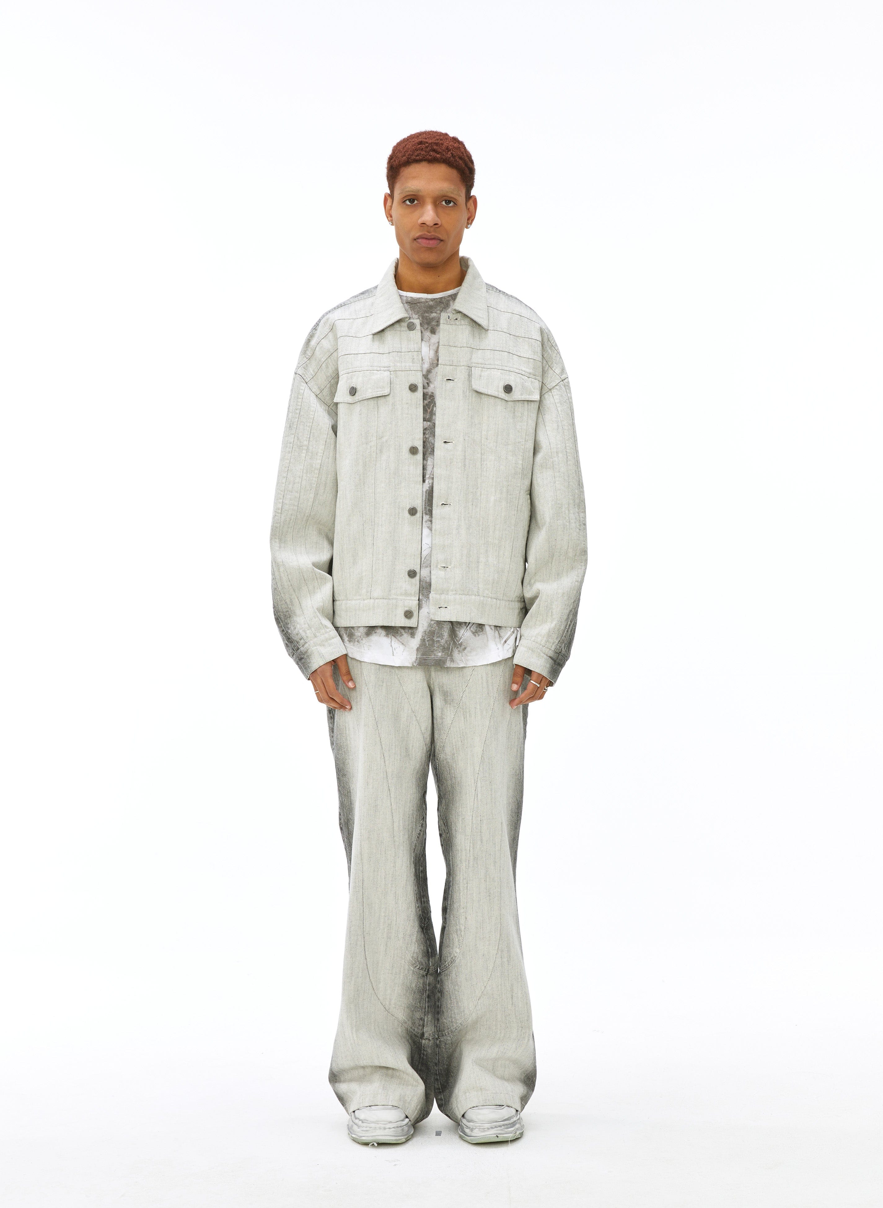VANN VALRENCE Structured Panel Gradient Sleeve Washed Denim Jacket