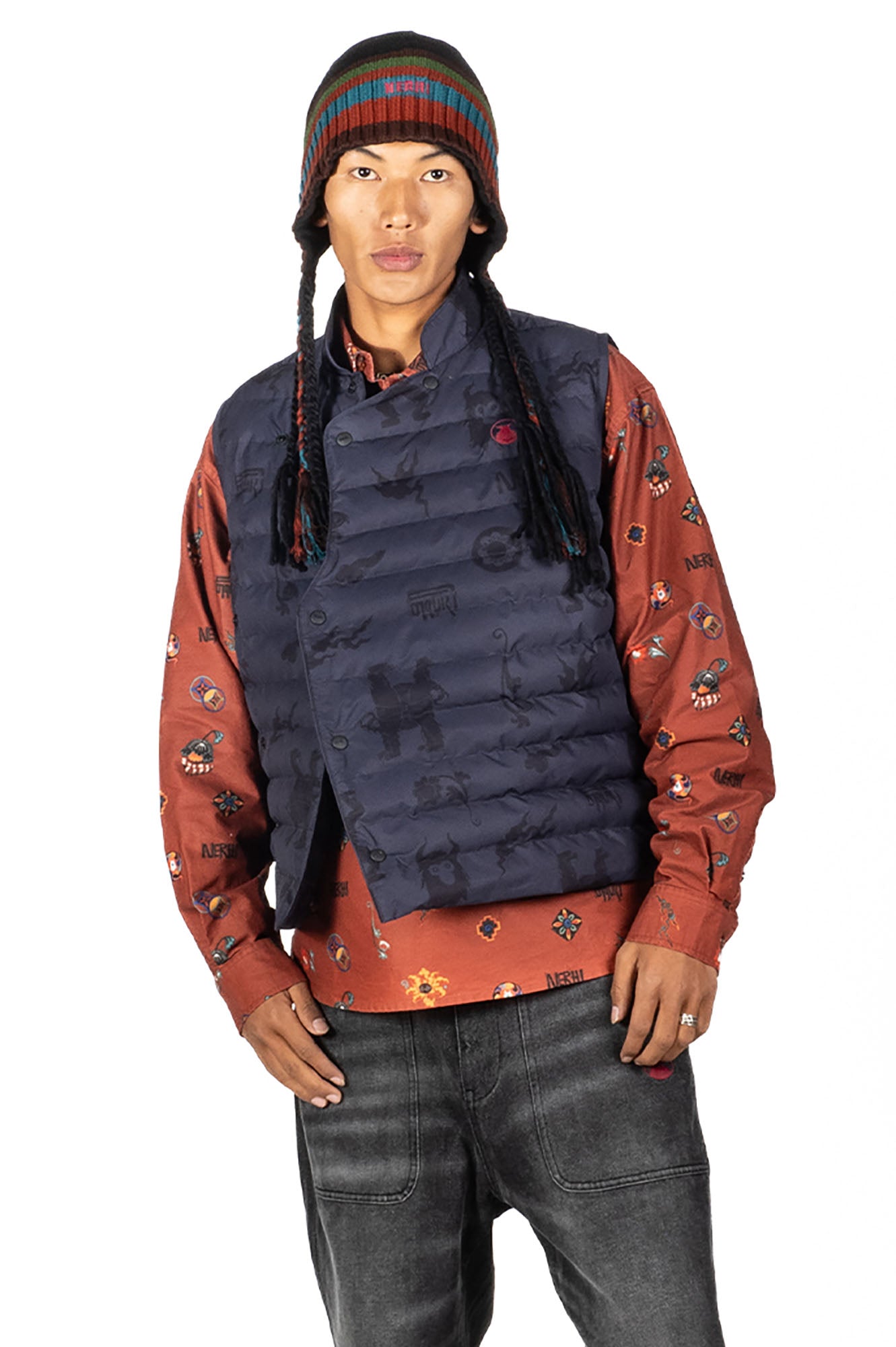 NERHI Asym Tribal Totem Full-Print Shirt