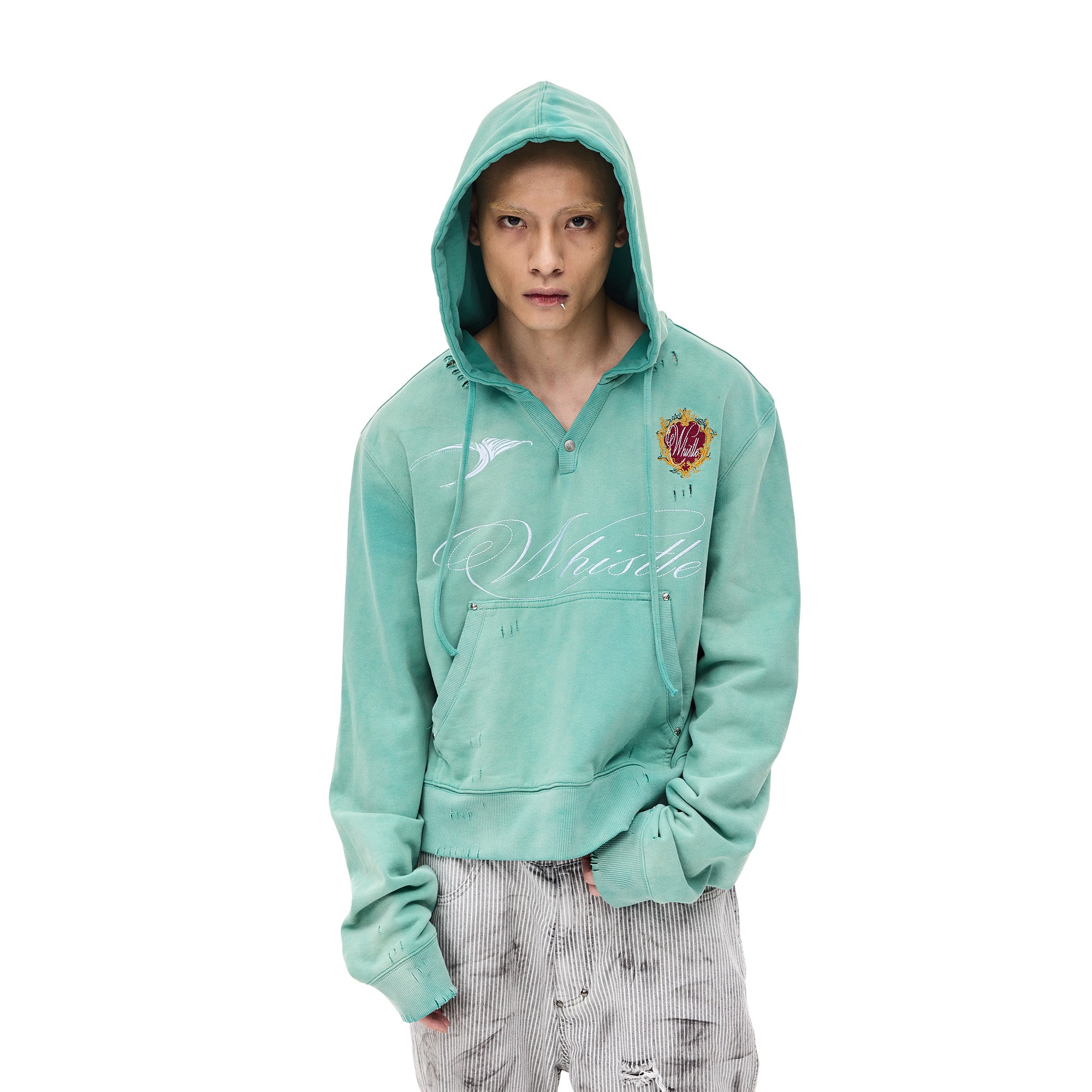 WHISTLEHUNTER Distressed Embroidered V-Neck Hoodie, premium urban and streetwear designers apparel on PROJECTISR.com, WHISTLEHUNTER