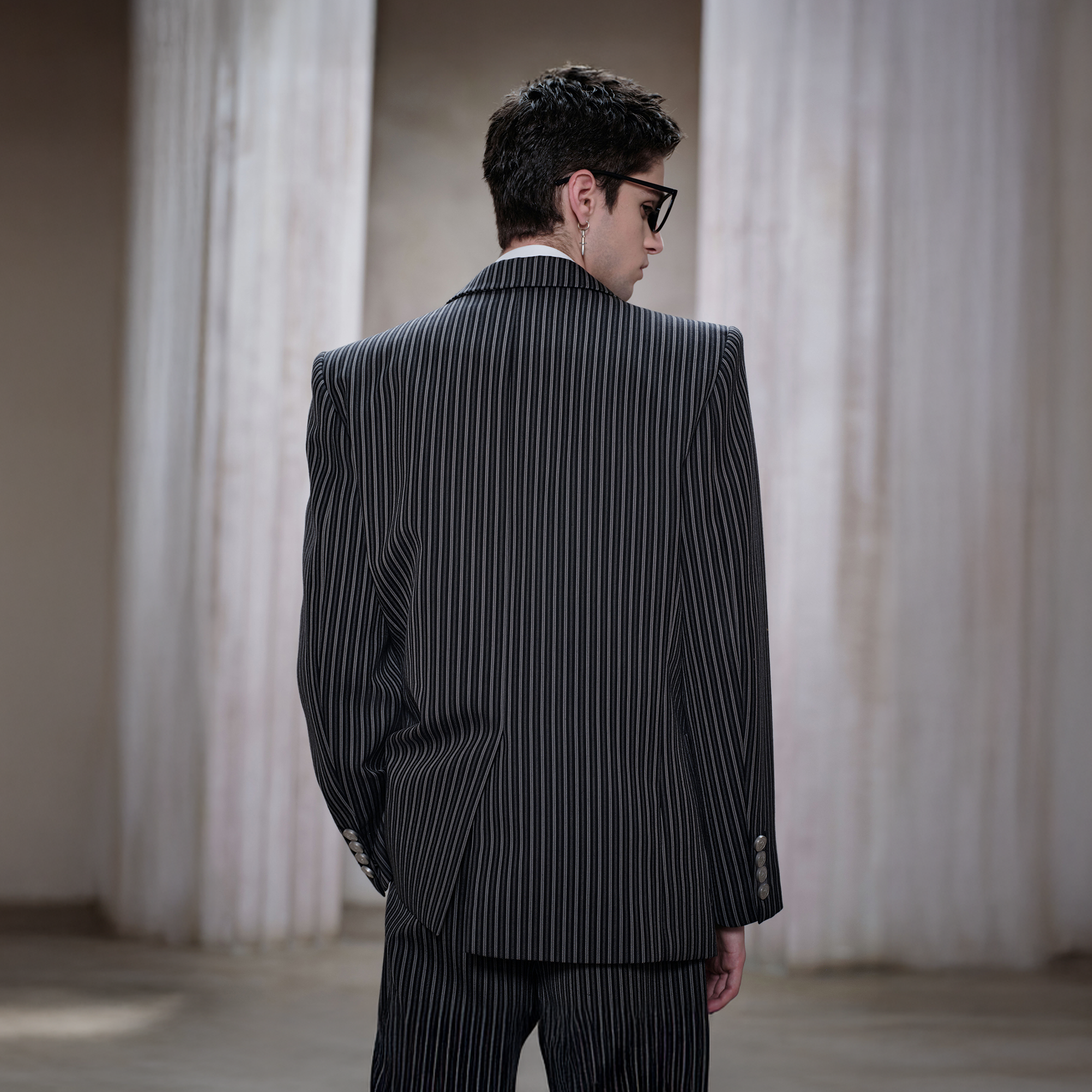 FACEONLAB Stripe Badge-Patch Double-Breasted Jacket