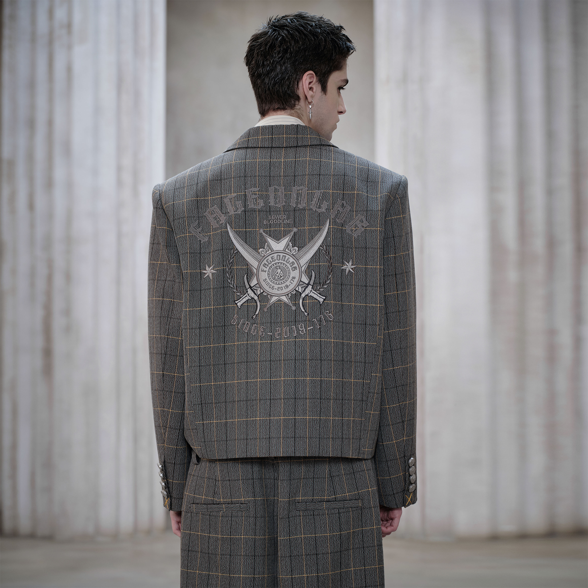 FACEONLAB Short Suit Jacket グレー FACEONLAB Plaid Double-Breasted Blazer