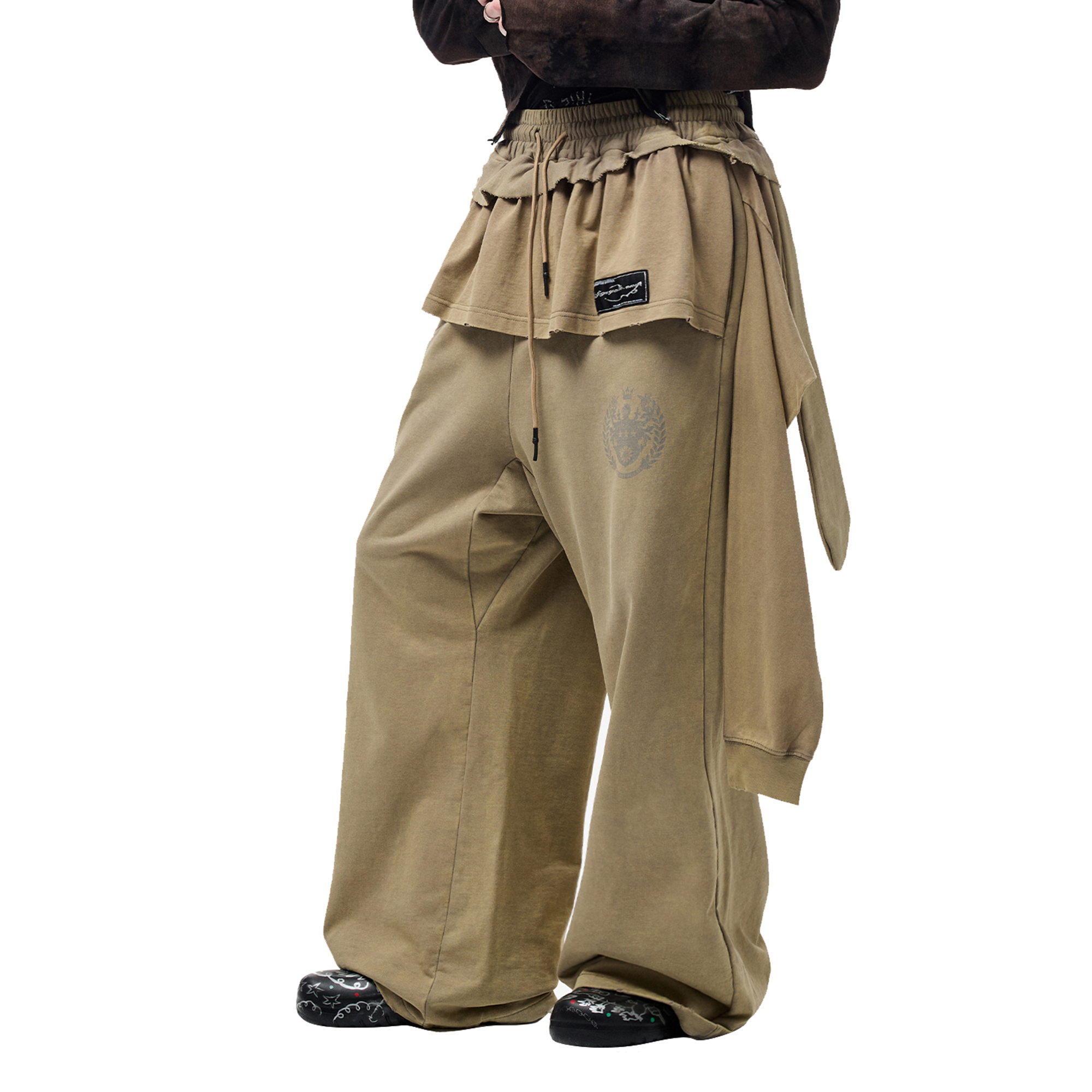 CYCYCY Layered Raw Edge Wide-Leg Sweatpants Khaki
